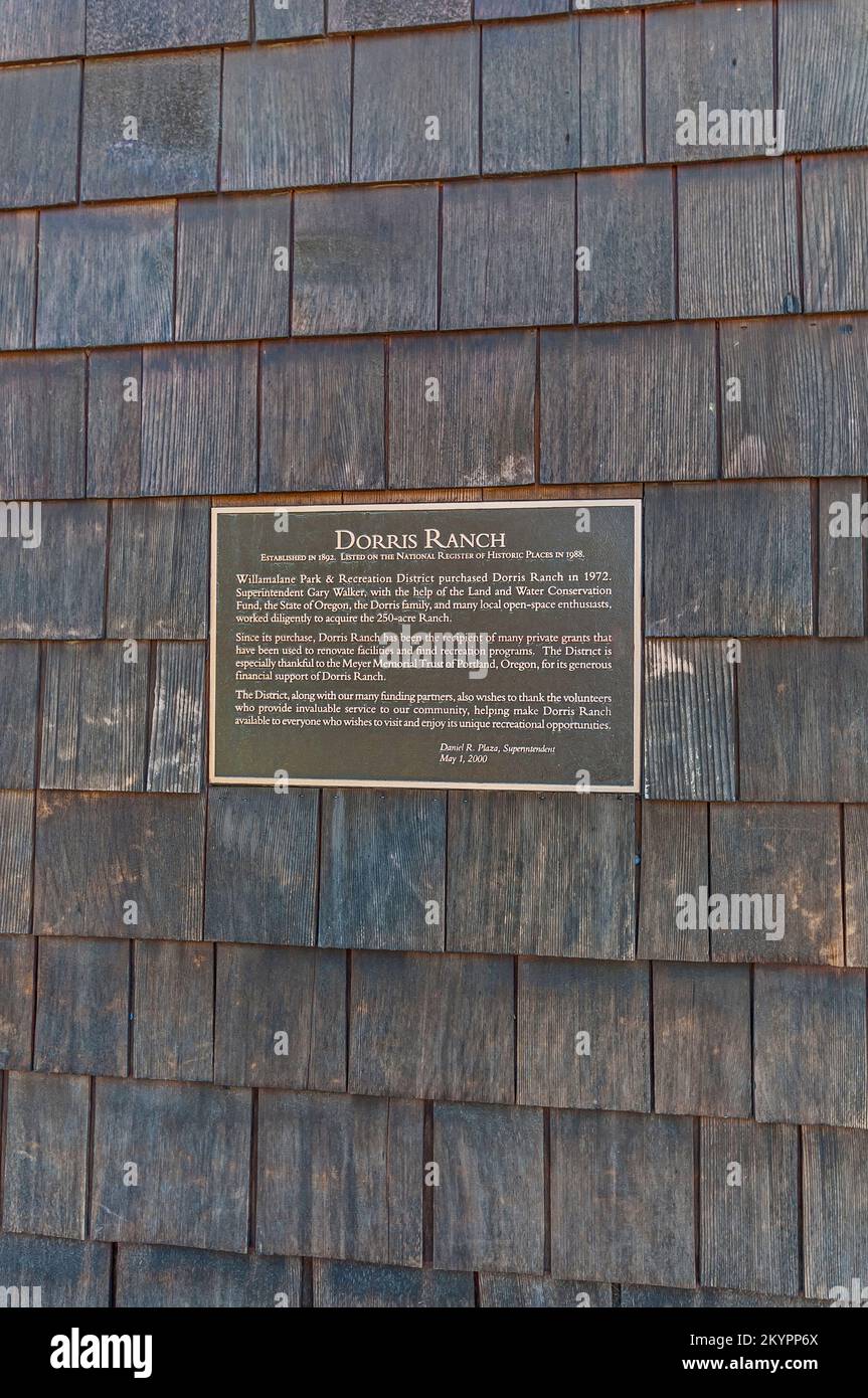 Plaque on barn at the Dorris Ranch Park near Springfield, Oregon Stock