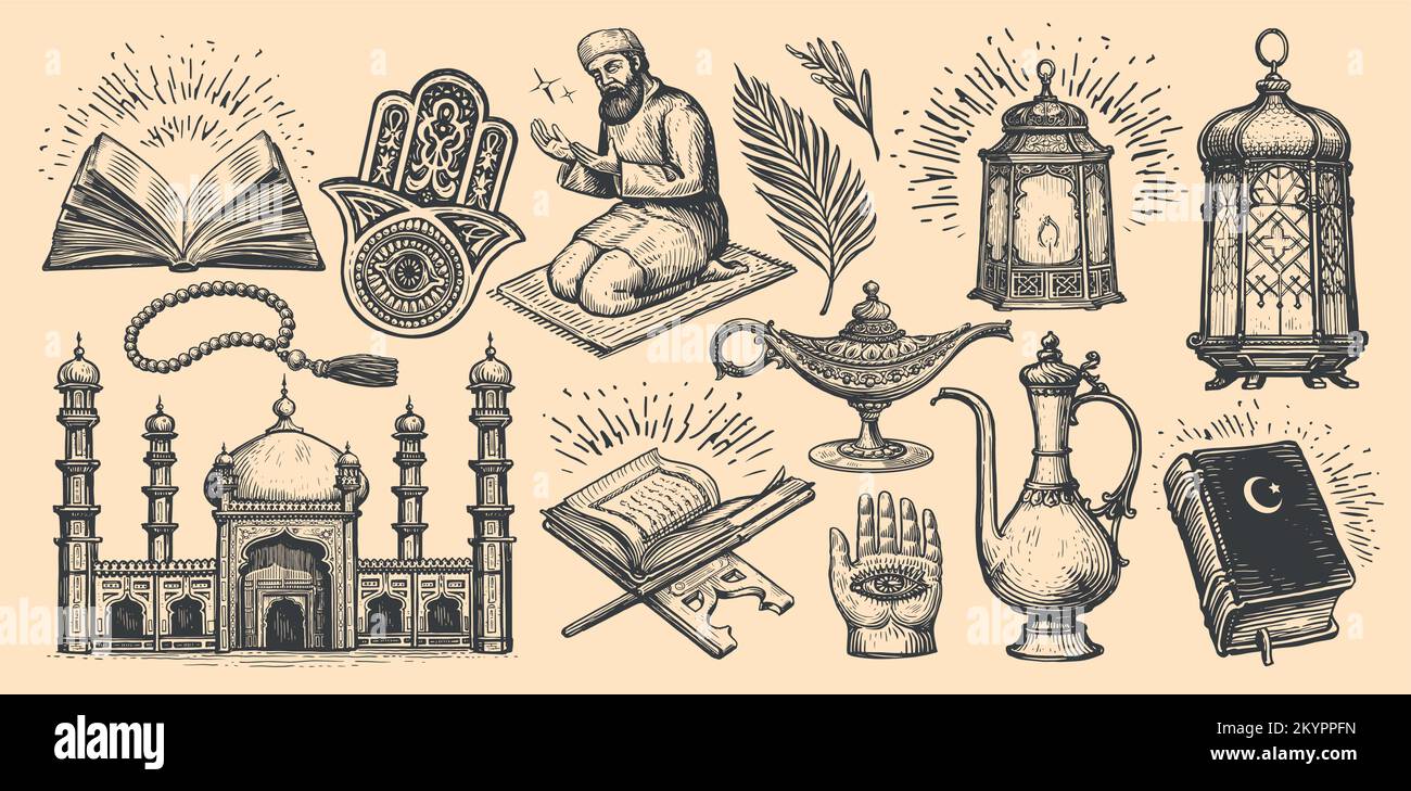 Islam set of sketches. Quran book, Muslim mosque, ritual prayer Namaz. Religion concept vintage vector illustration Stock Vector