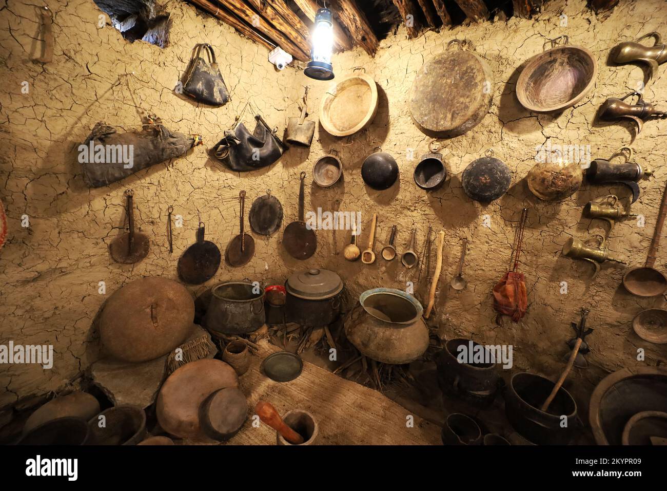 old traditional crafts in old arab mud house interior- Al Malad heritage Museum - Al Baha , Saudi Arabia Stock Photo