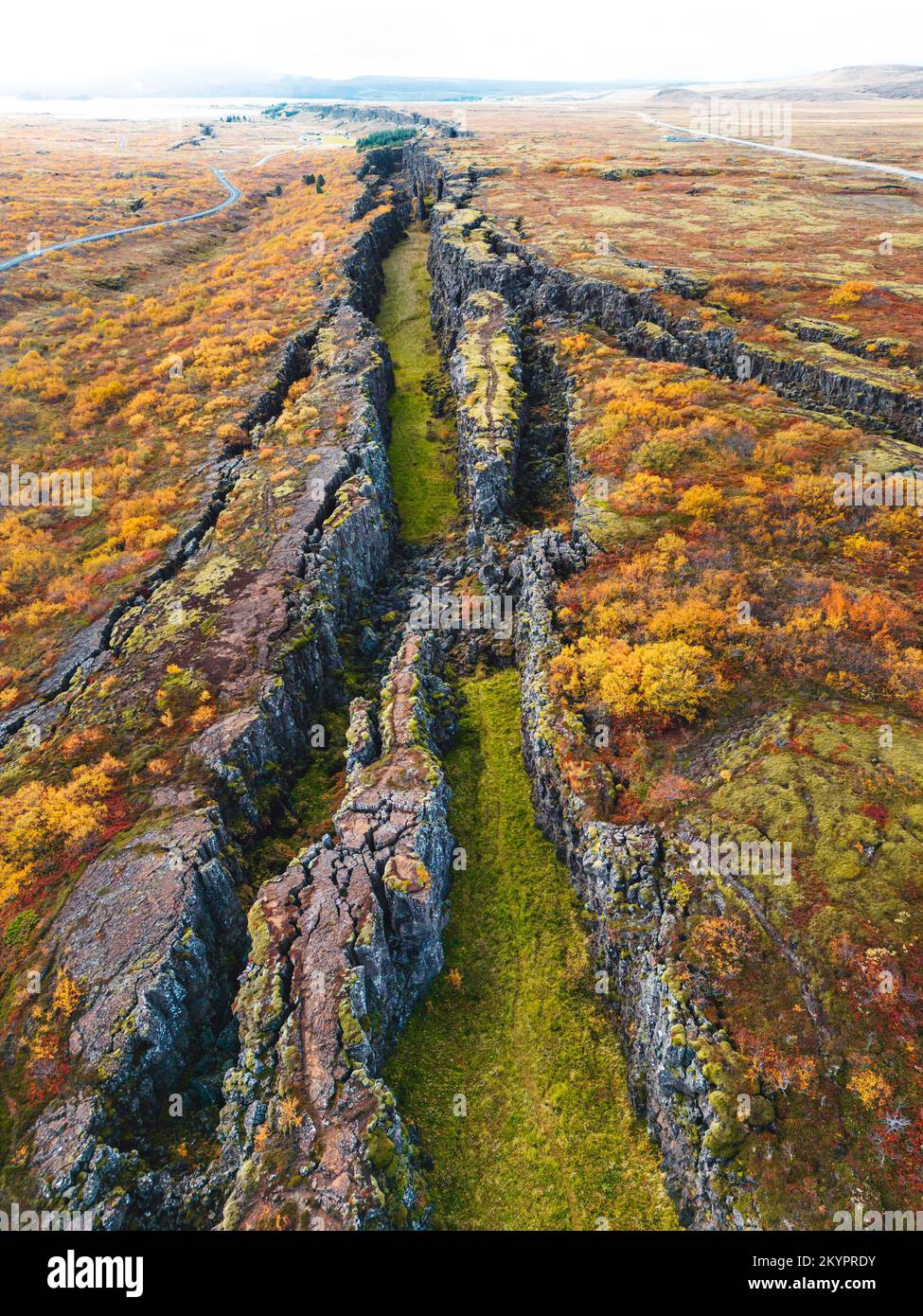 Vertical photo of the only place on earth where two tectonic plates meet on the earth surface - Thingvellir, Iceland Stock Photo