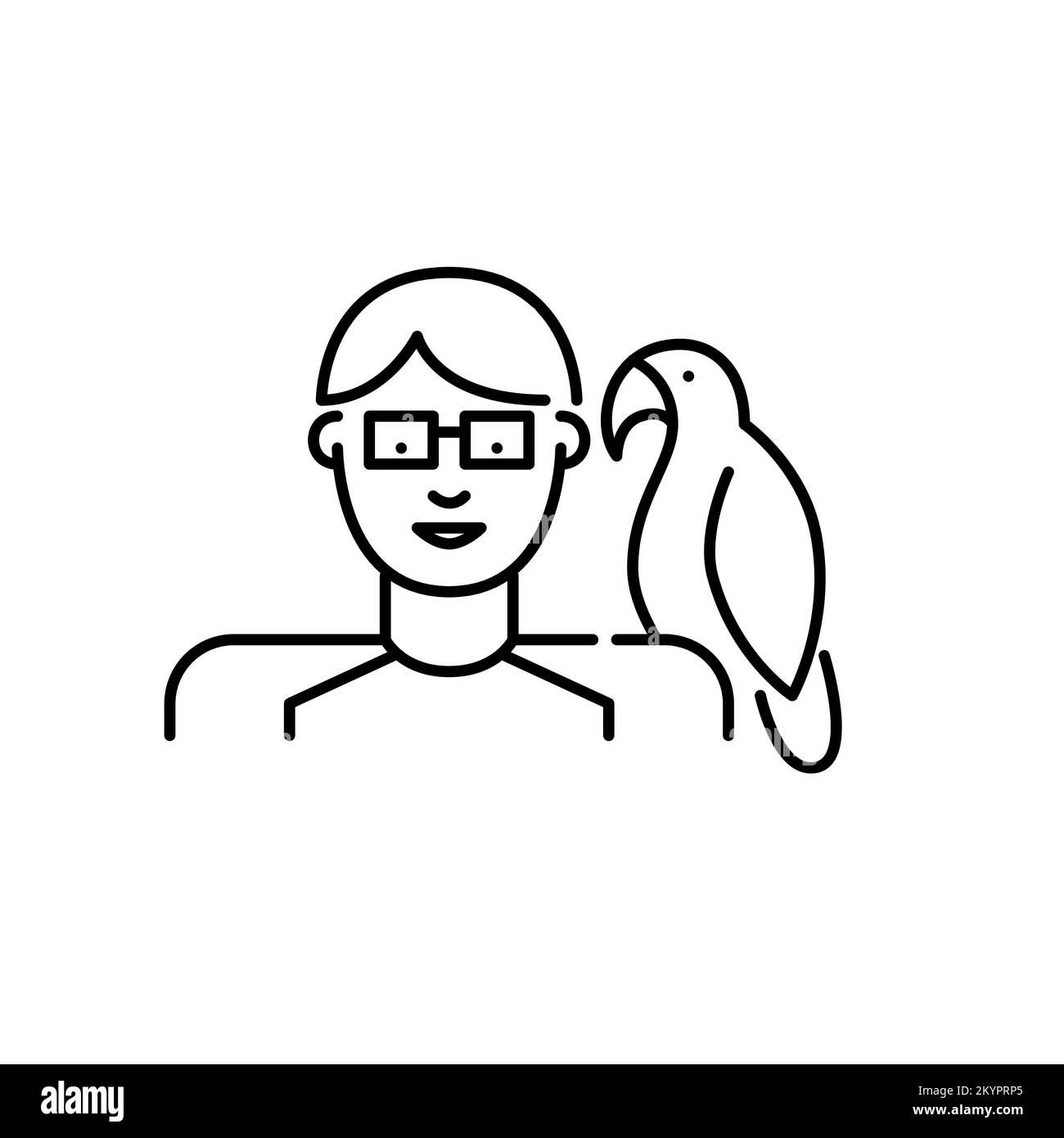 Teenage boy and his parrot. Pet owner icon. Pixel perfect, editable stroke design Stock Vector