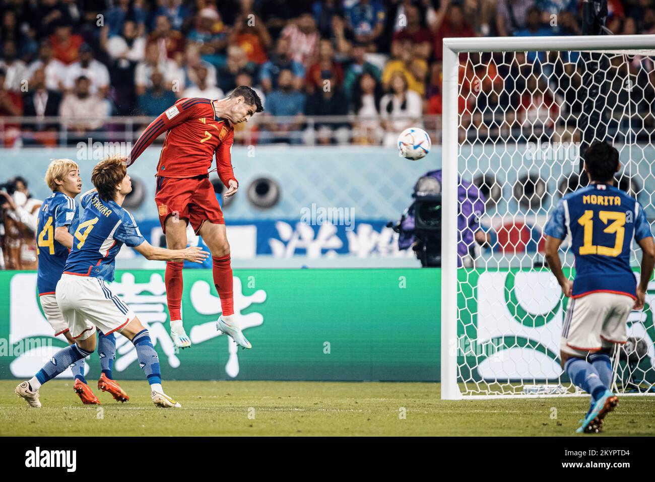Doha, Catar. 01st Dec, 2022. MORATA Alvaro of Spain heads to score during a match between Japan and Spain, valid for the group stage of the World Cup, held at the Khalifa International Stadium in Doha, Qatar. Credit: Marcelo Machado de Melo/FotoArena/Alamy Live News Stock Photo