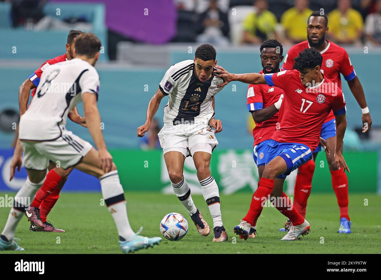 Yeltsin Tejeda of Costa Rica disputes the bid with Jamal Musiala of Germany, during the match between Costa Rica and Germany, for the 3rd round of Group E of the FIFA World Cup Qatar 2022, Al Bayt Stadium this Thursday 01. 30761 (Heuler Andrey / SPP) Stock Photo