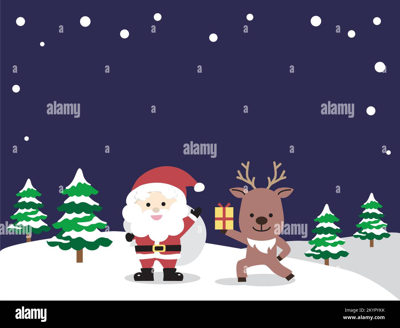 Santa and reindeer in a snowy landscape. Colored flat design illustration. Stock Vector