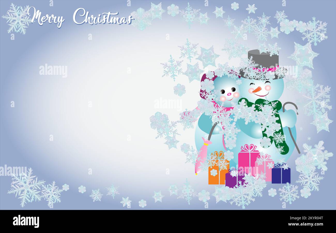 Christmas vector greeting card. A couple of snowmen with christmas ...