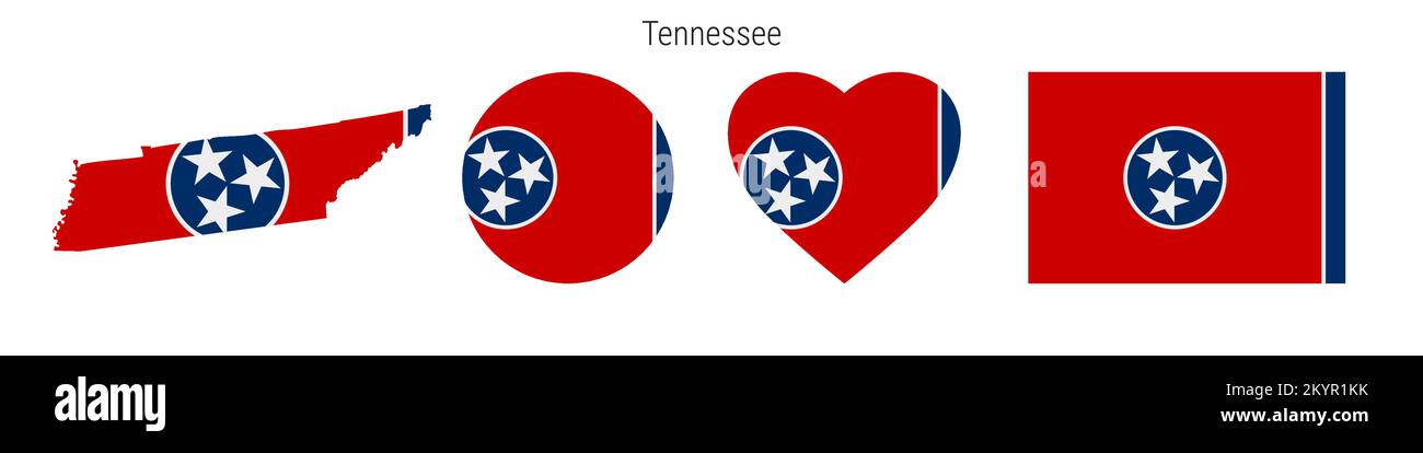Tennessee flag icon set. American state pennant in official colors and proportions. Rectangular, map-shaped, circle and heart-shaped. Flat vector illu Stock Vector