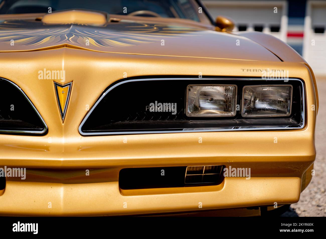 Front grill of a Second-Generation Pontiac Firebird Trans Am in solar gold paint Stock Photo