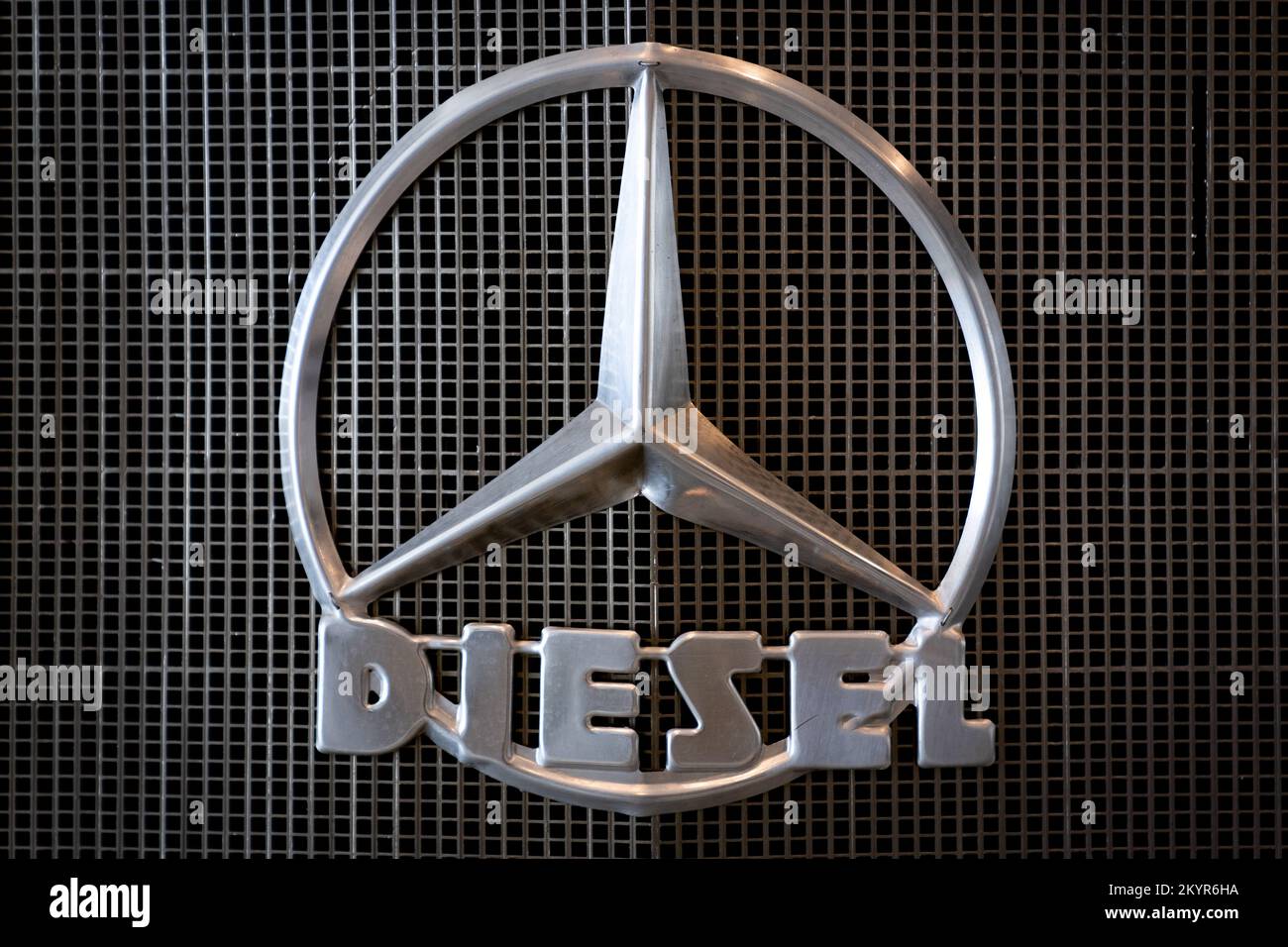 Close-up shot of a diesel Unimog radiator gill, Mercedes-Benz Museum, Stuttgart, Germany Stock Photo
