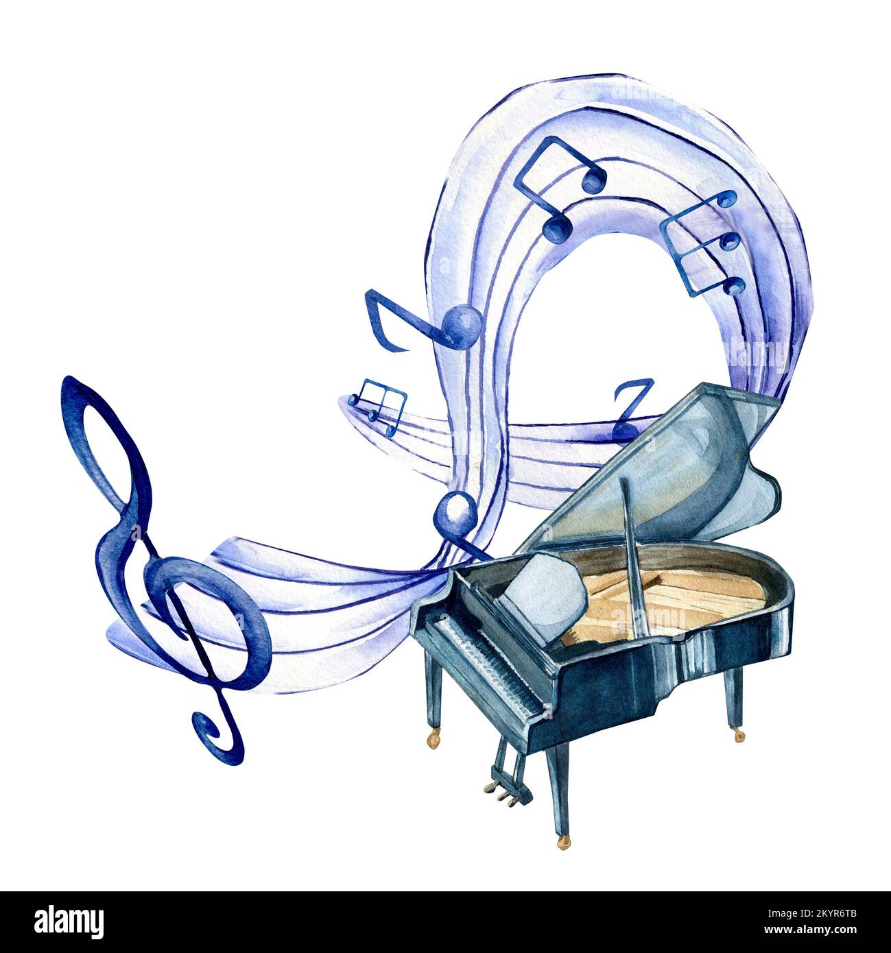 Treble clef, musical notes and grand piano watercolor illustration on white. Classical musical instrument and symbol hand drawn. Design for flyer, con Stock Photo