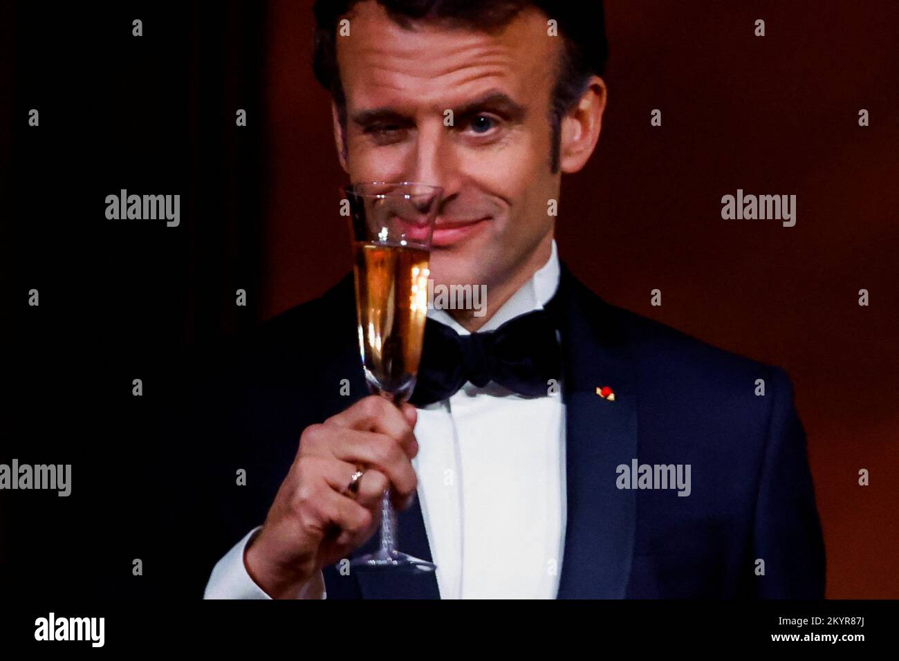 France's President Emmanuel Macron makes a toast, as the Bidens host the Macrons for a State Dinner at the White House, in Washington, U.S., December 1, 2022.  REUTERS/Evelyn Hockstein     TPX IMAGES OF THE DAY Stock Photo