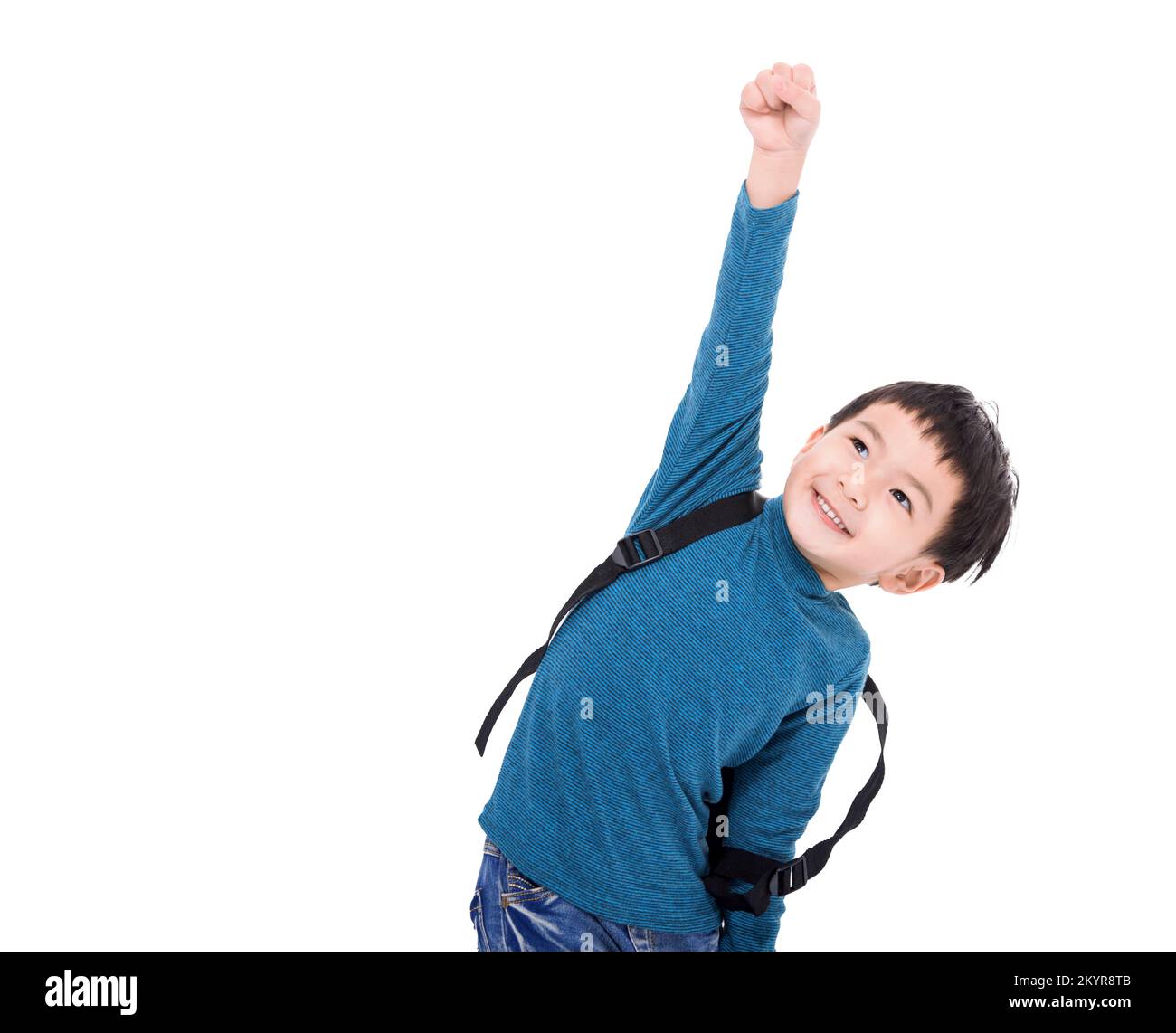 Happy asian little boy student raising hand Stock Photo