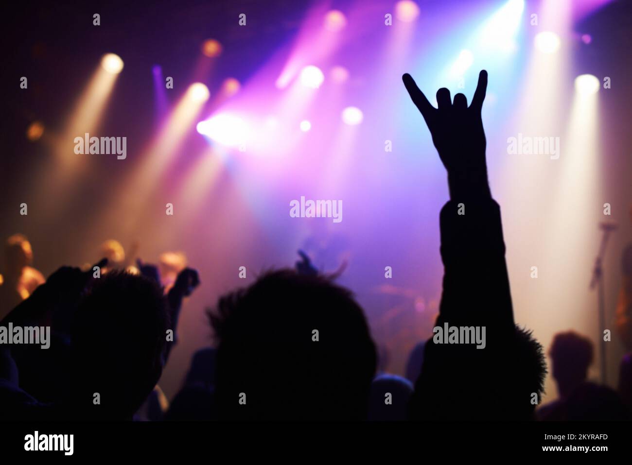 Music brings us together. A crowd of people watching a band play on stage at a nightclub. Stock Photo