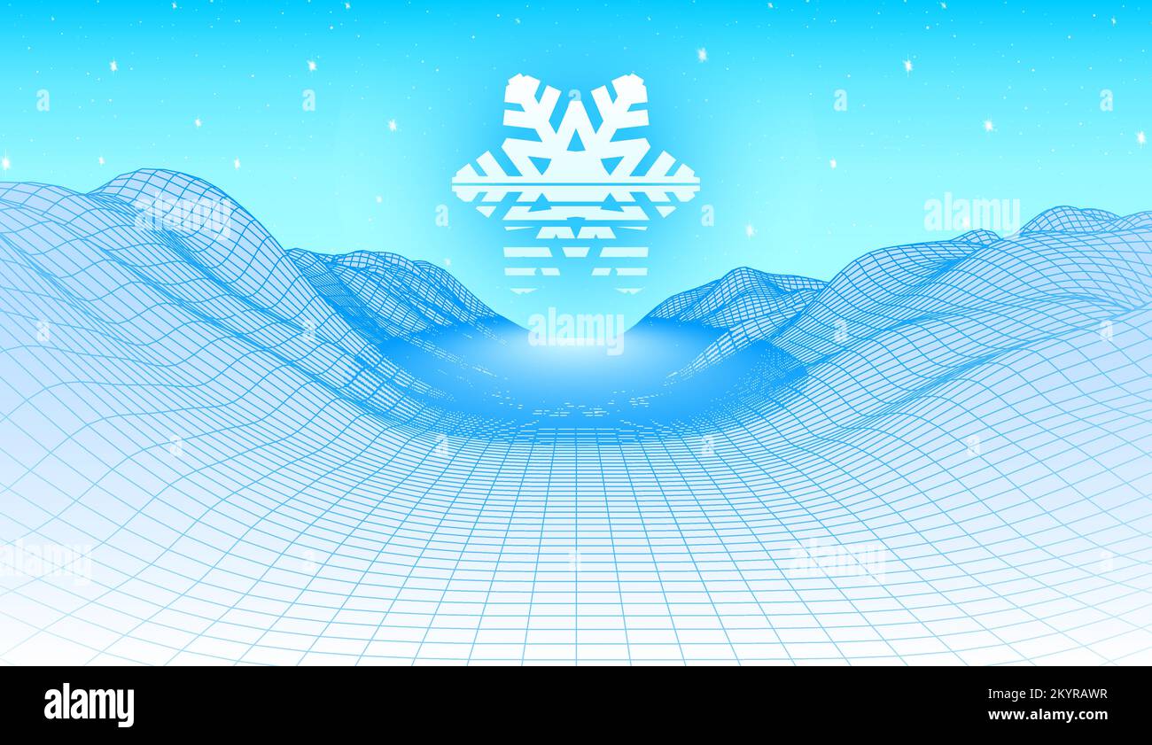 80s styled Christmas synthwave landscape with shiny striped snowflake ...