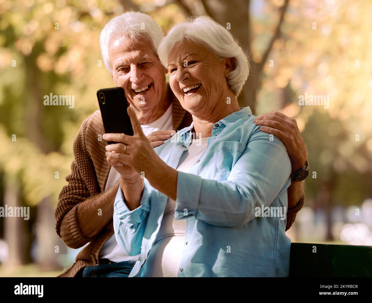 Senior couple, phone selfie and happy smile, love and relax in outdoor ...