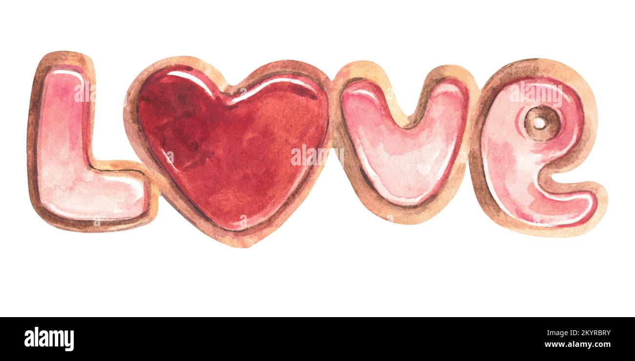 Congratulations cookies. Word Love. Sweets. Watercolor drawing. Isolate. Stock Photo