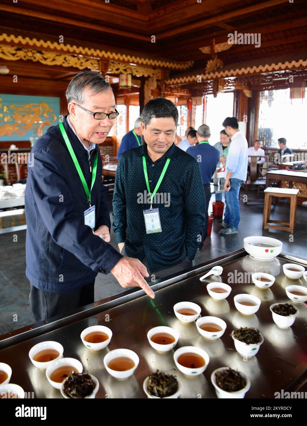 WUYISHAN, Dec. 2, 2022 (Xinhua) -- Ye Qitong (1st L), a national inheritor of Wuyi rock tea making technique, comments on tea at a tea tasting competition in Wuyishan, southeast China's Fujian Province, Oct. 28, 2017. Wuyishan, the hometown of rock tea, boasts a wide range of rock tea varieties. The making technique of Wuyi rock tea, a special oolong variety with a particularly roasted taste and floral and fruity aroma, is comprised of more than 10 processing procedures including tea harvesting, withering, fixation, twisting, drying and so on. Inherited and developed with a long h Stock Photo