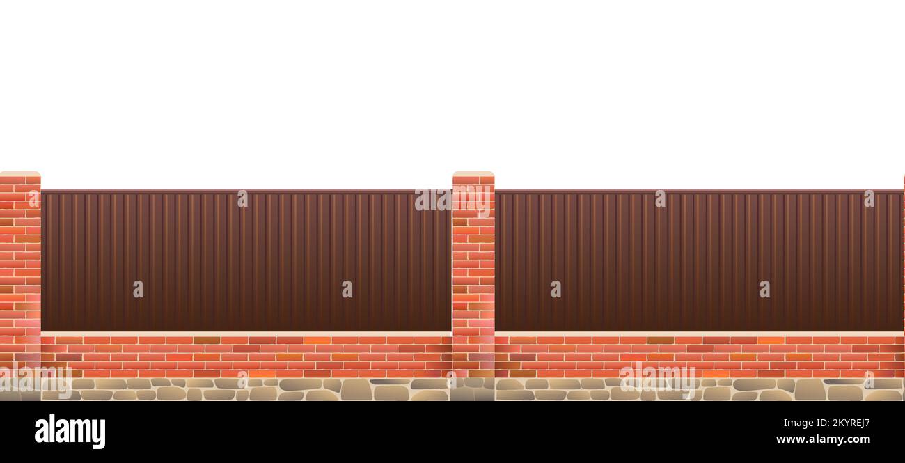 Iron fence with plastered brick pillars and stone foundation. Horizontal seamless design. Isolated on white background Vector. Stock Vector