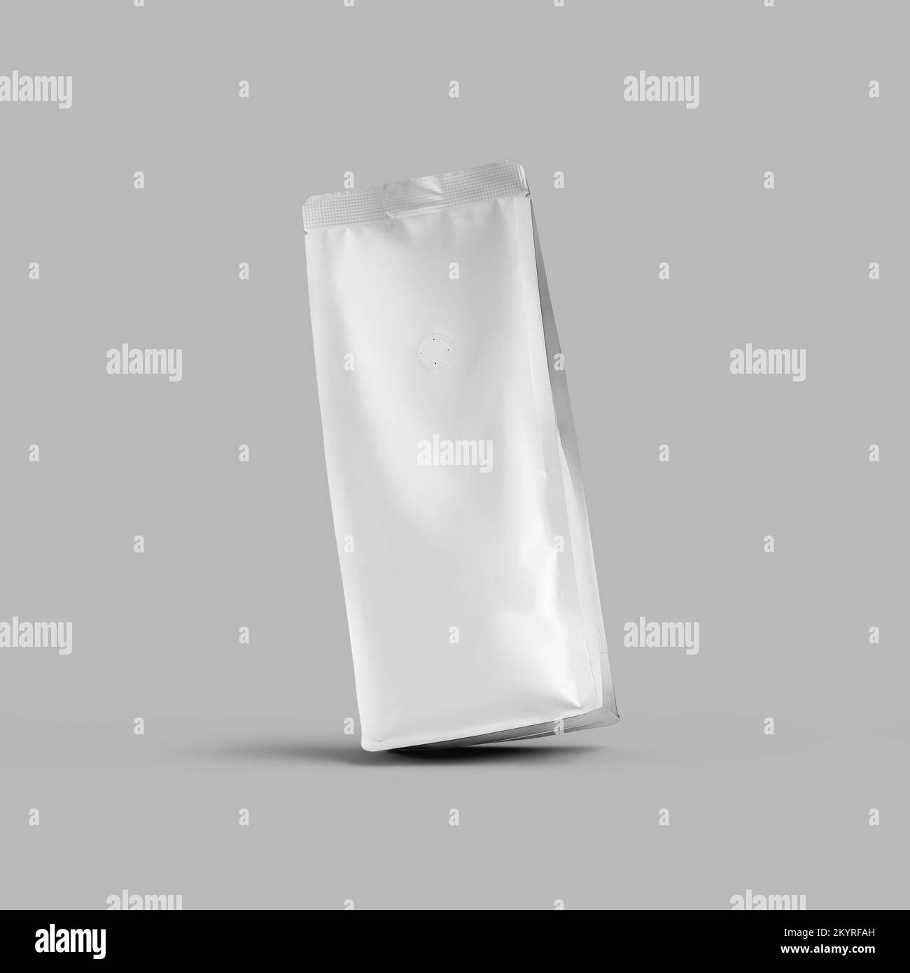 White bag mockup for coffee beans, loose tea, stable pouch gusset stands diagonally, for design, branding. Doy pack template with degassing valve, for Stock Photo