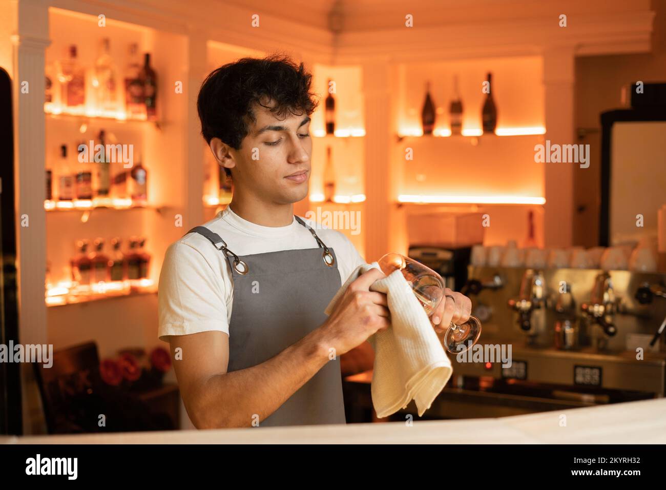Arabic barman polishing the wine glass in cafe bar. Copy space Stock