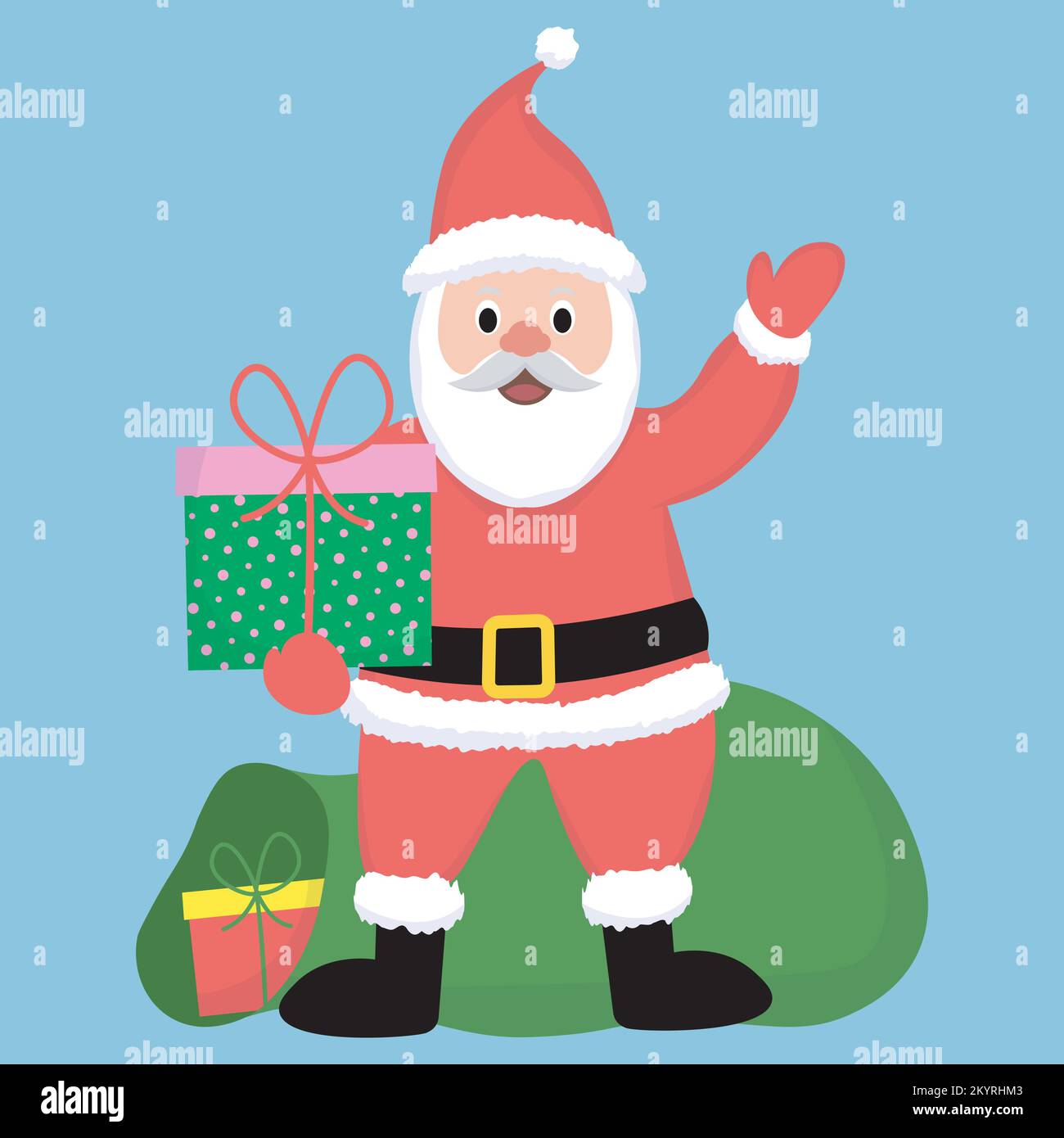christmas character of santa claus waving and holding a giftbox in his ...