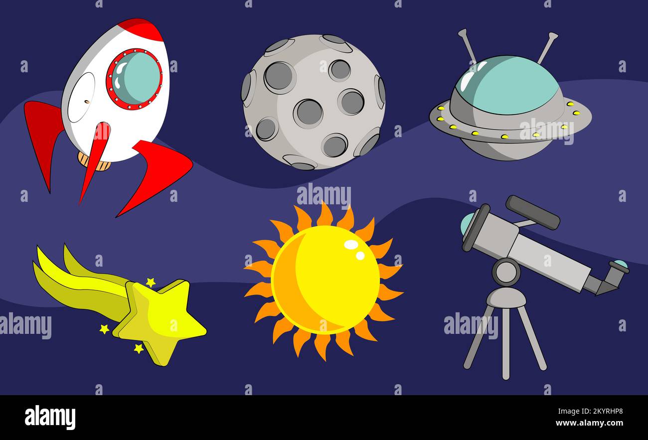 Cartoon space with different elements moon rocket sun Stock Vector
