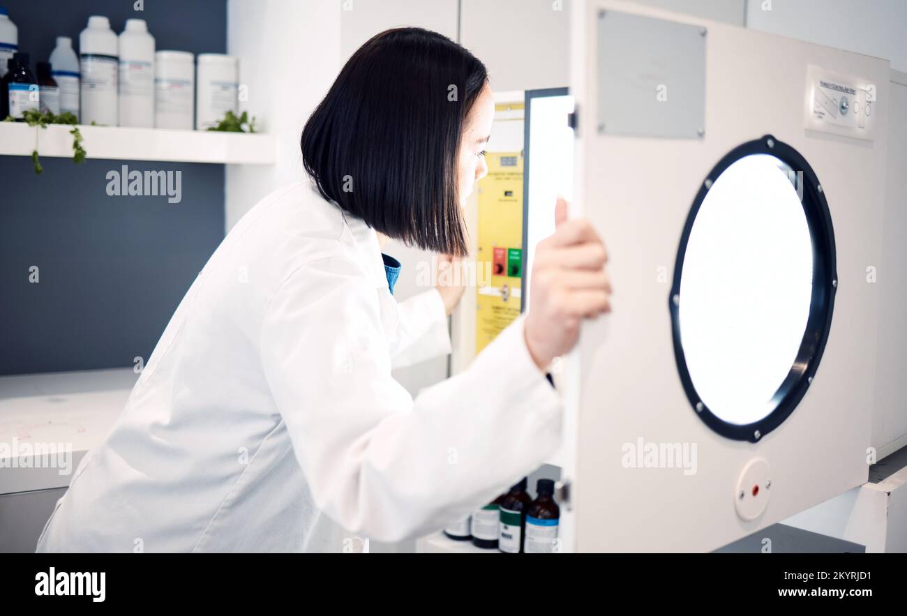 Science, woman and scientist in laboratory with incubator, check for experiment, research and scientific innovation. Professional, phd doctor and Stock Photo