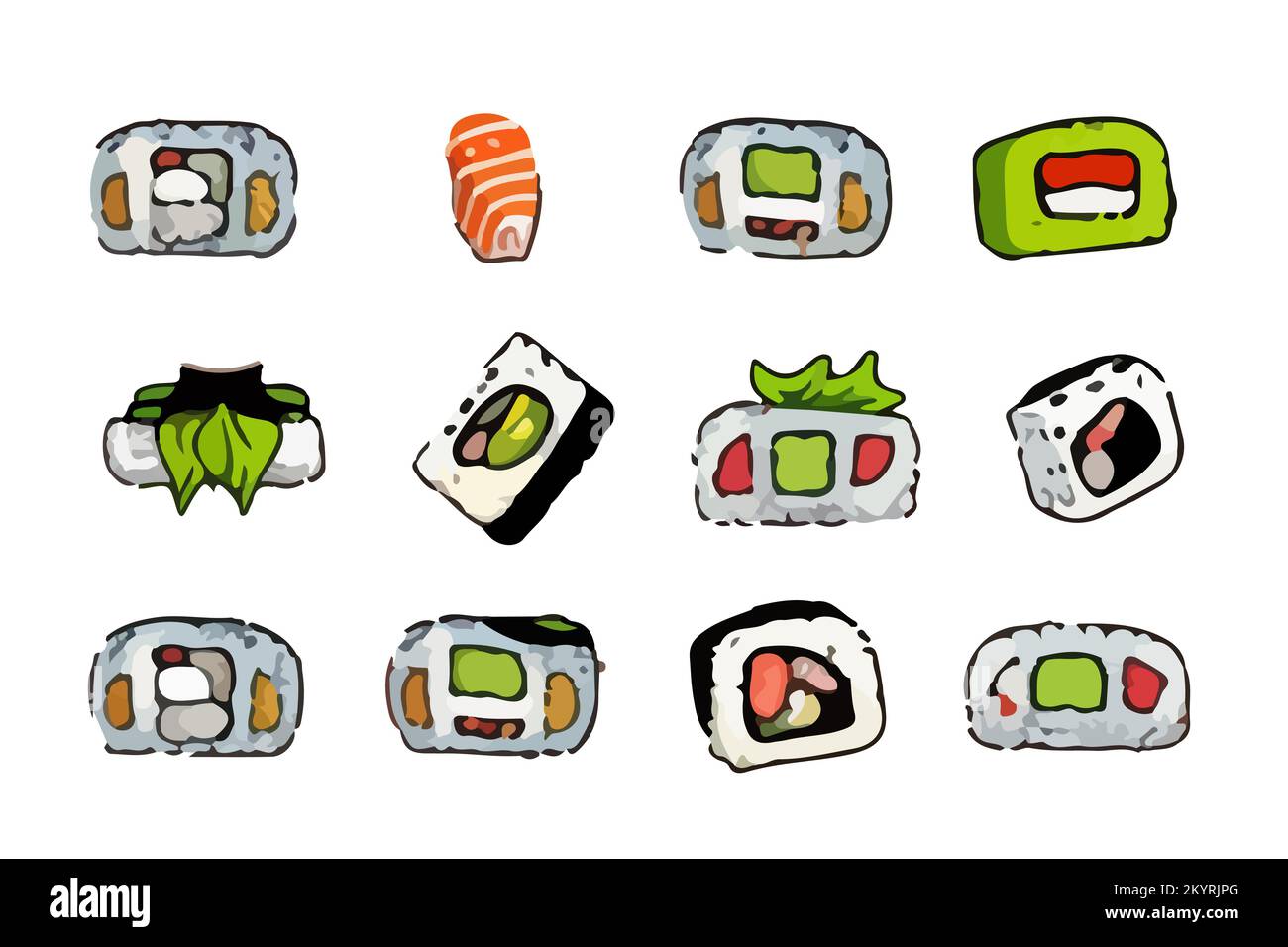 Vector Sushi set. Rolls, temaki and inari, ikura. Great set of various different types of sushi isolated on white background. Stock Vector