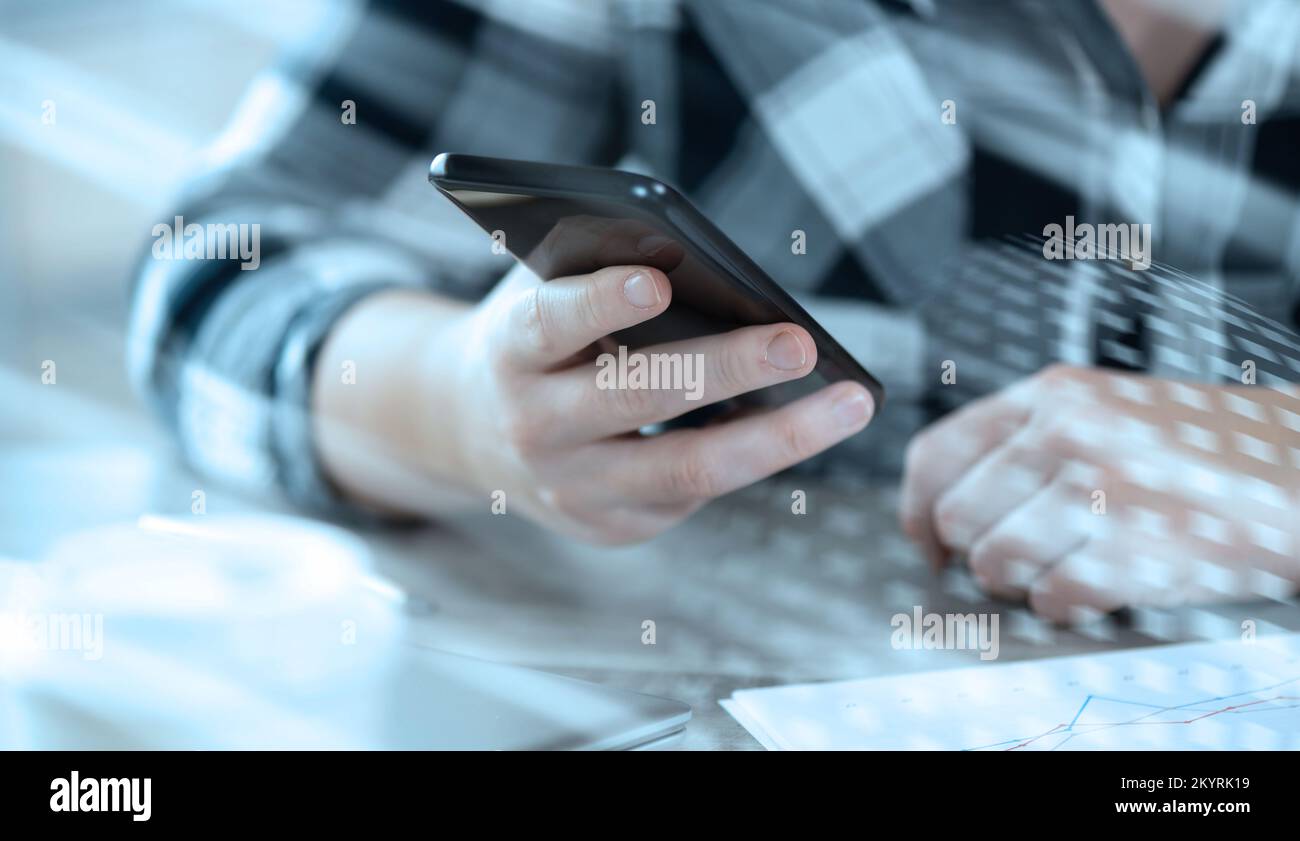 Female hands using a mobile phone; light effect Stock Photo - Alamy
