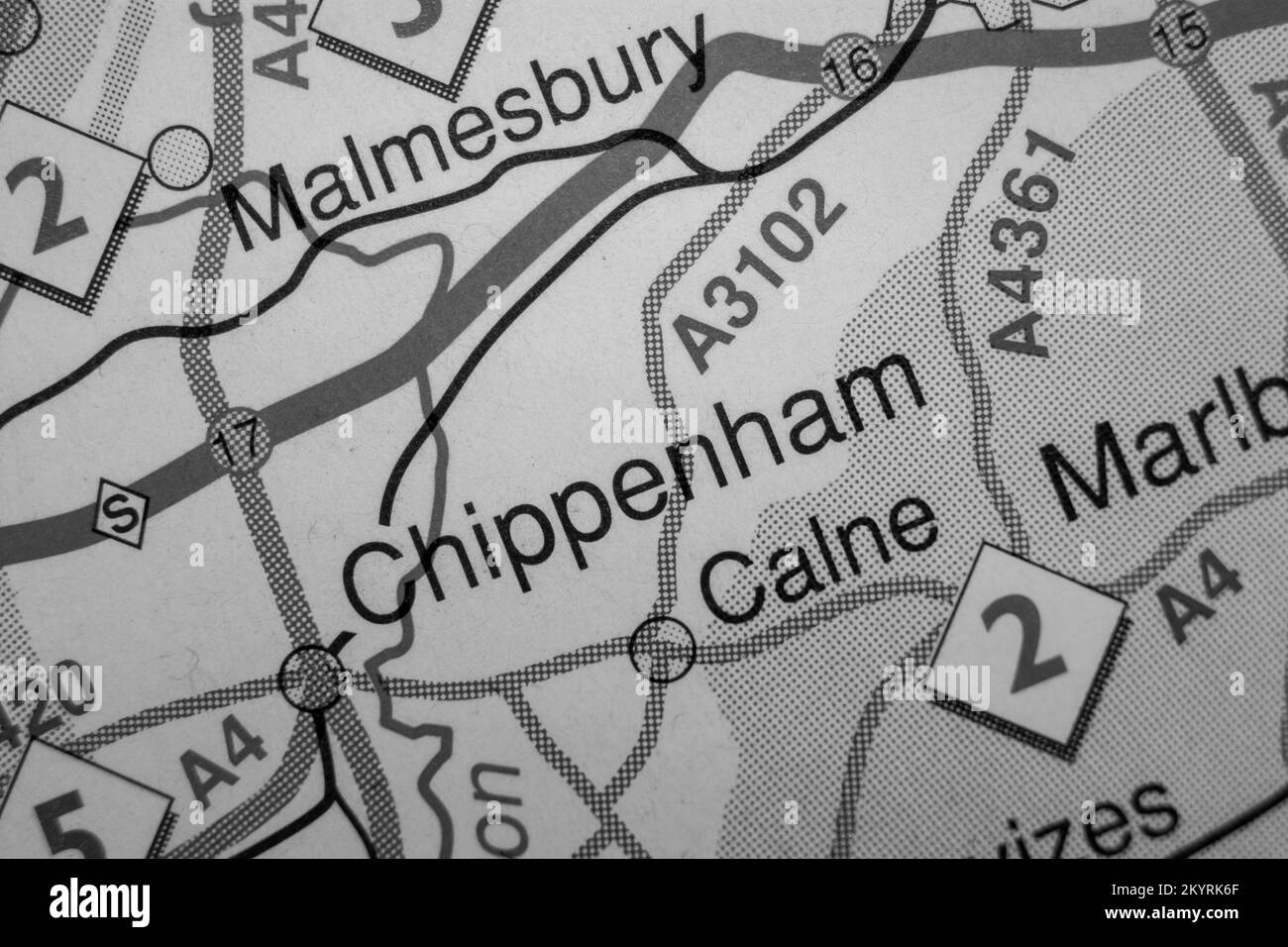 Chippenham, United Kingdom atlas map town name black and white Stock