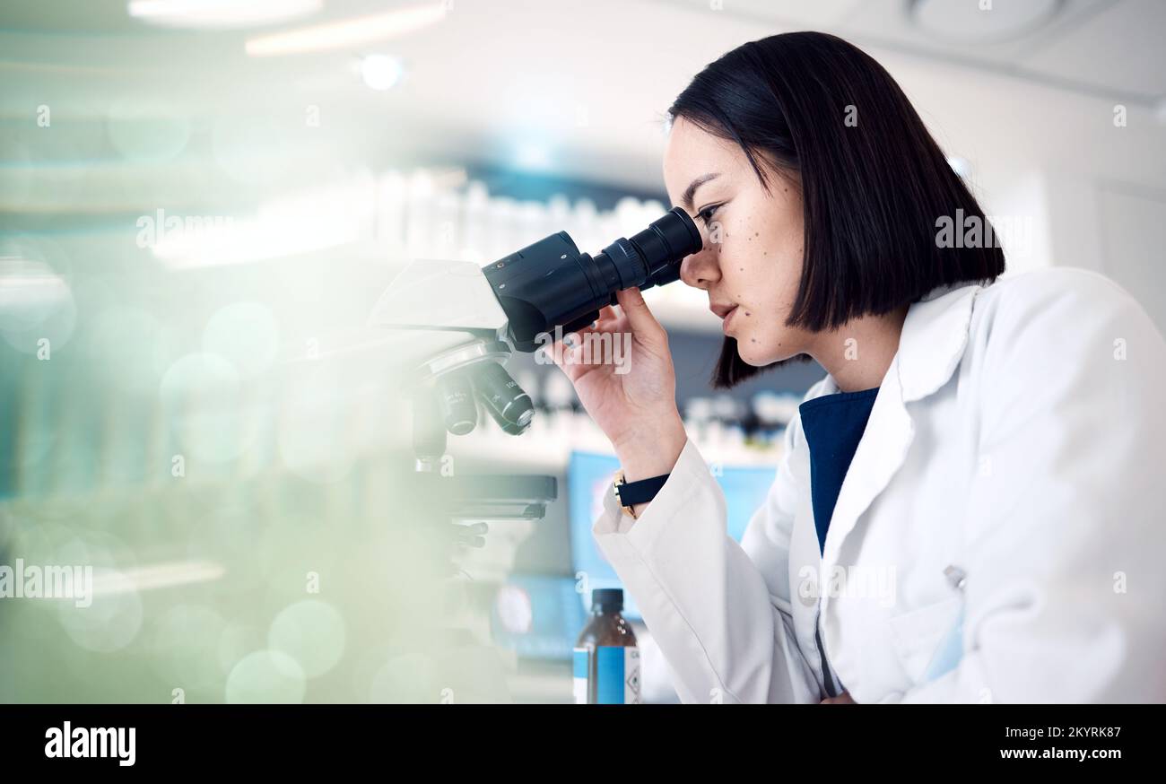 Science, microscope and woman in laboratory for research, medical innovation and test. Female scientist, biotechnology and expert staff working on dna Stock Photo
