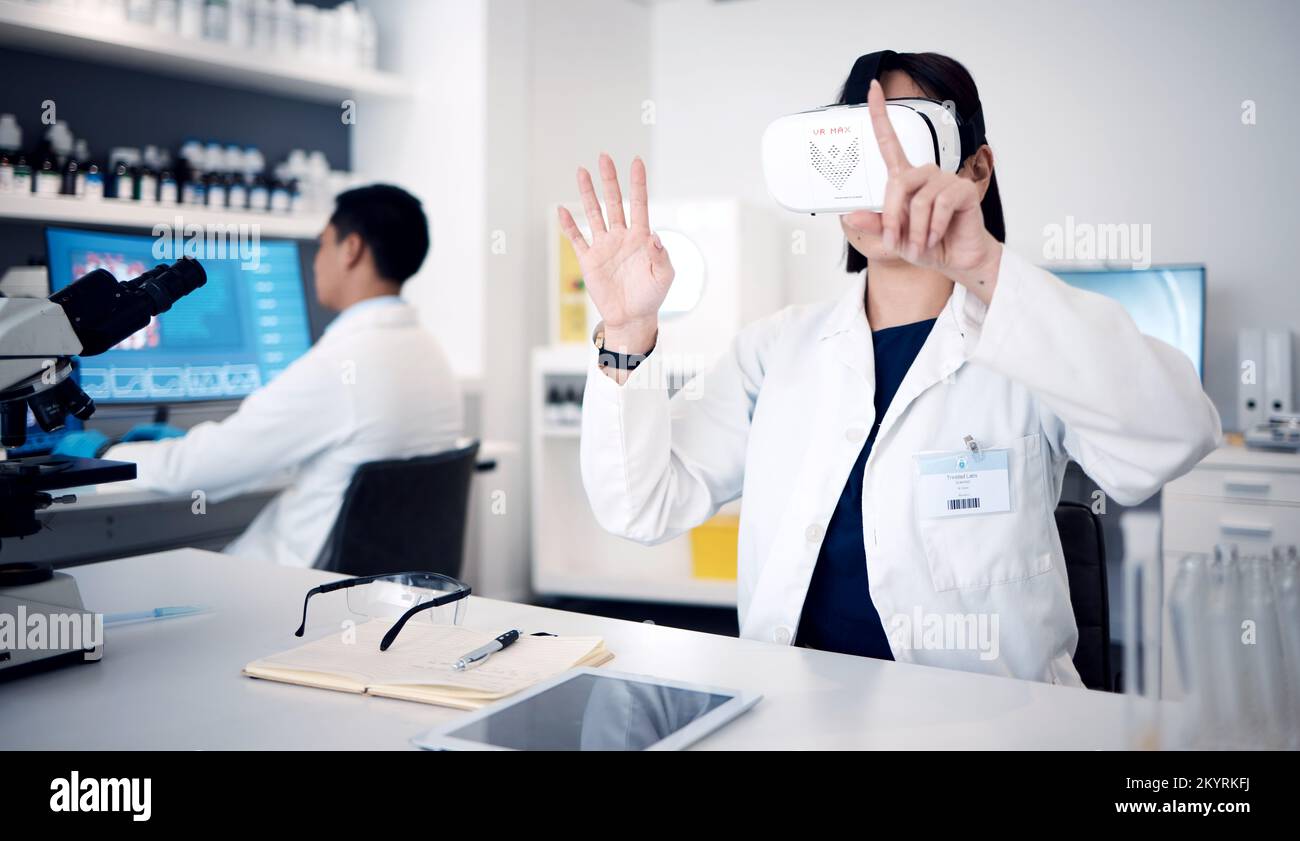 Virtual reality, glasses and science with scientist woman in 3d