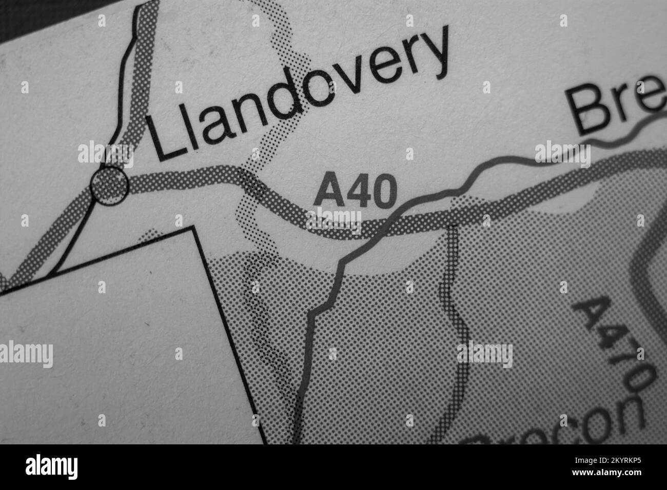Llandovery, United Kingdom atlas map town name black and white Stock