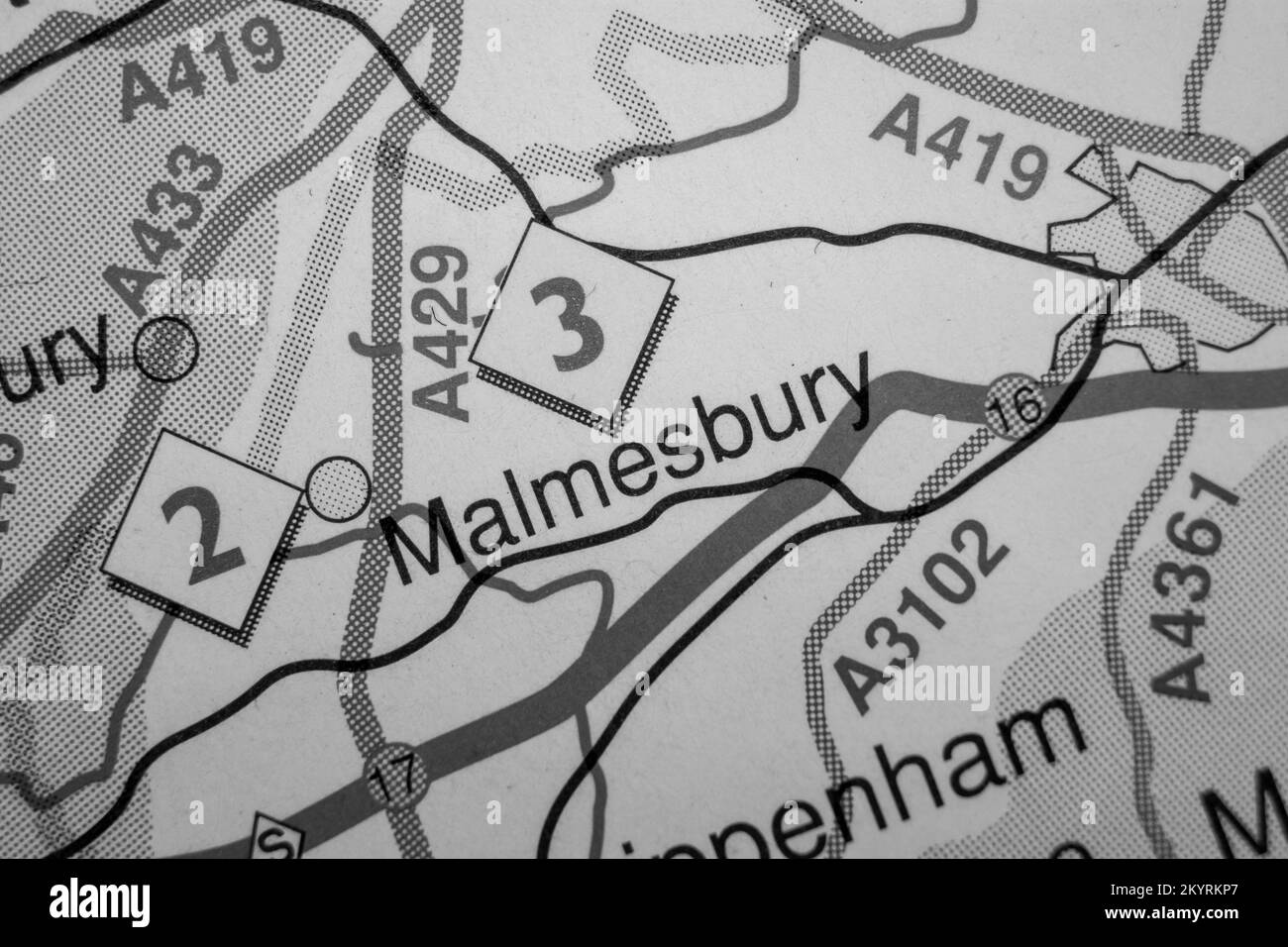 Malmesbury, United Kingdom atlas map town name black and white Stock