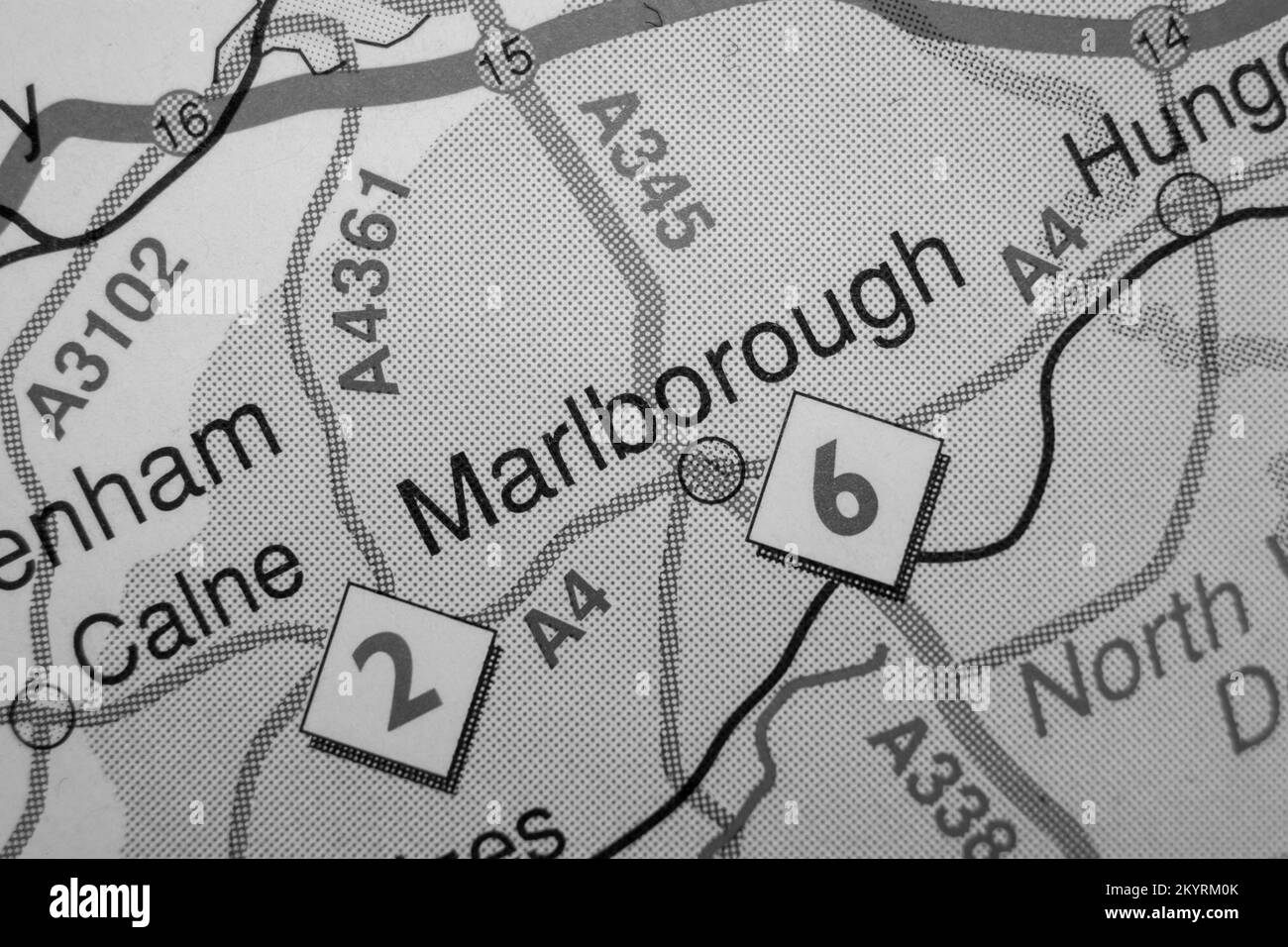 Marlborough, United Kingdom atlas map town name black and white Stock