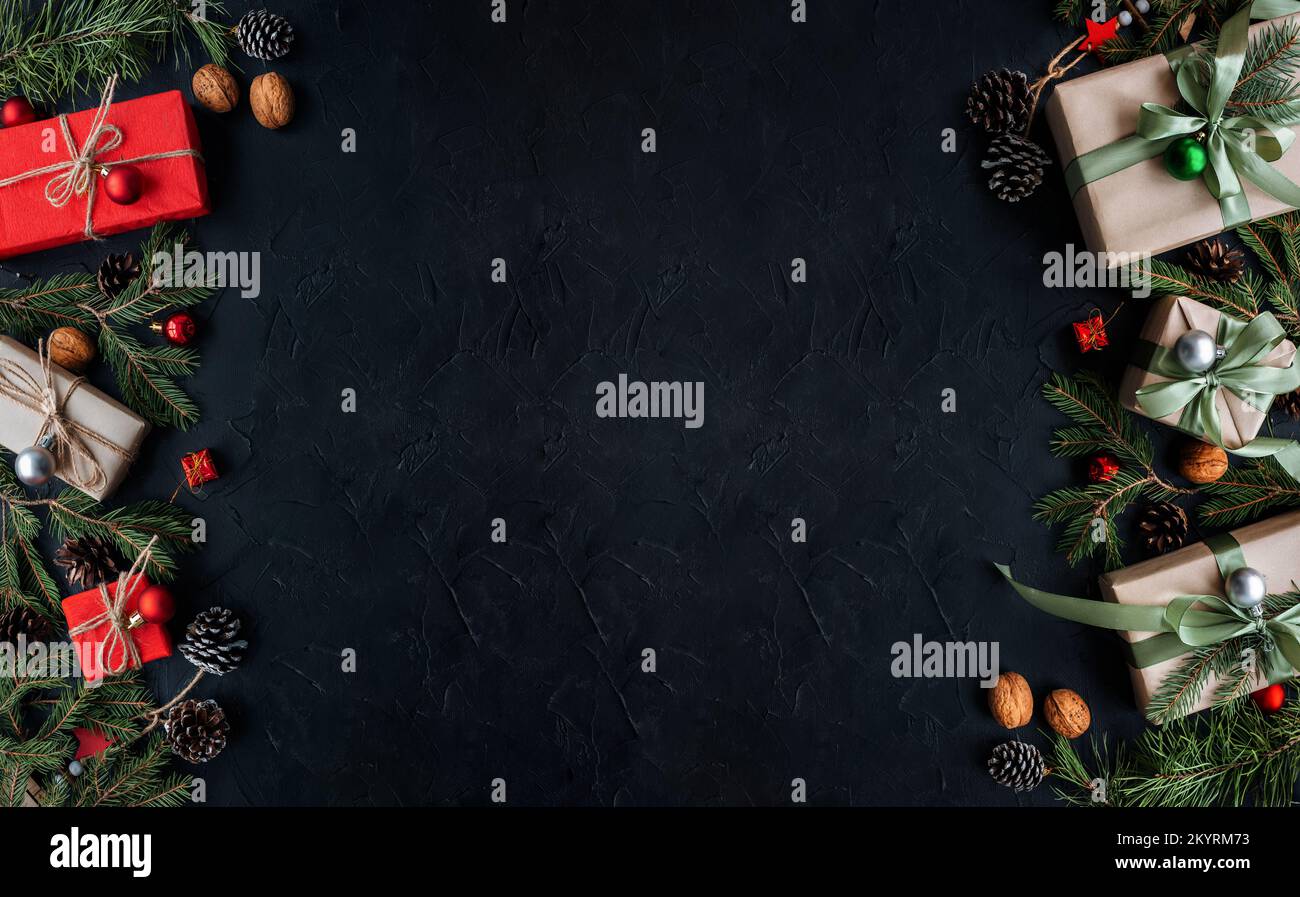 Christmas banner with many gift boxes with paper decorations on blue