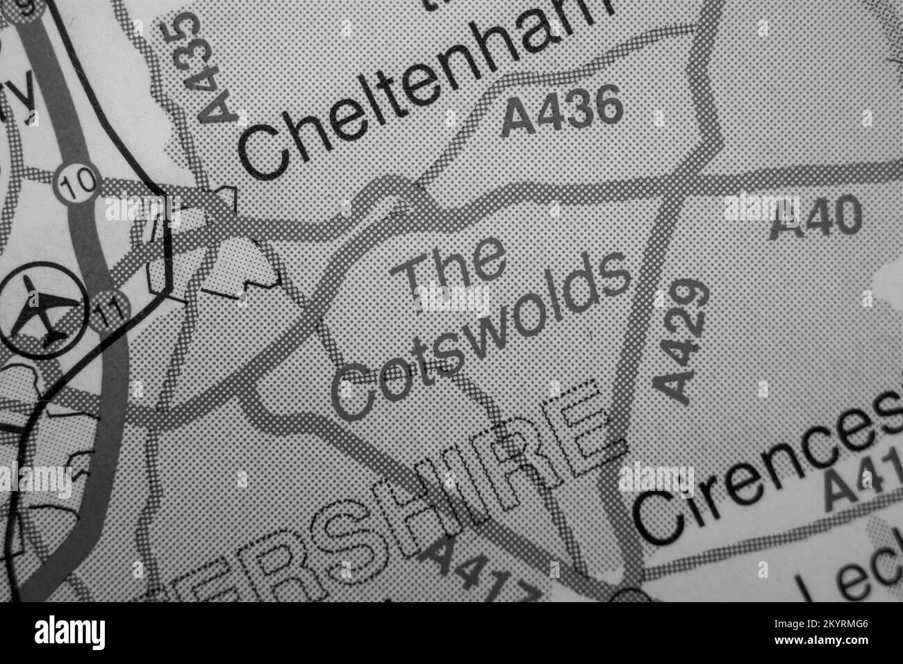 The Cotswolds, United Kingdom atlas map town name black and white