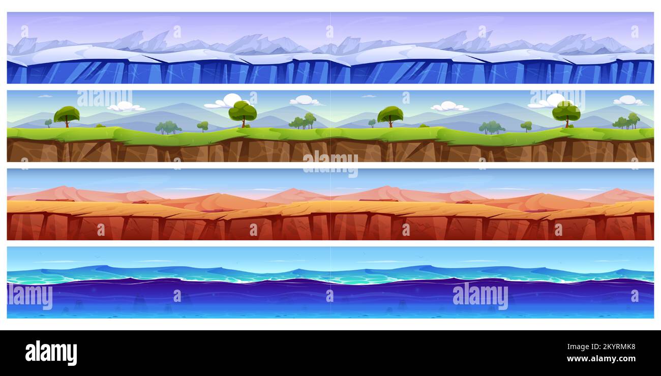 Cartoon set of game grounds with seamless texture of ice, deep sea water, empty desert, green nature landscape with mountains, trees, grass and blue sky. Vector illustration of gui level platforms Stock Vector