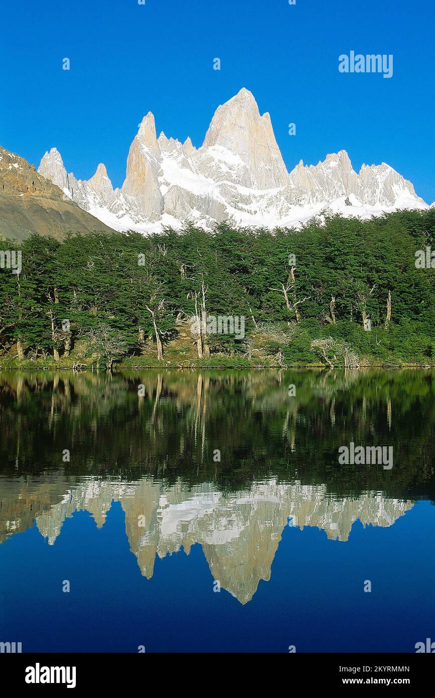 ARGENTINA. PATAGONIA. LOS GLACIARES NATIONAL PARK. EL CHALTEN. THE FITZ ROY (3,441 M) AND CERRO TORRE (3,138 M) MOUNTAINS. A MOUNTAINEERING PARADISE Stock Photo