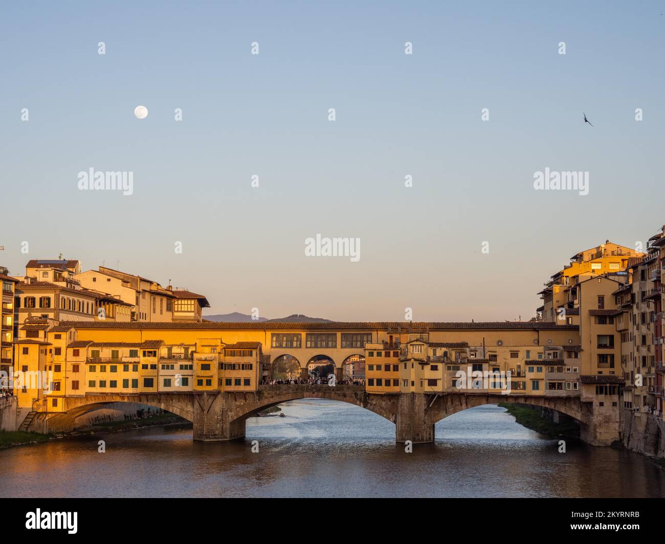 Evening atmosphere, full moon over Ponte Vecchio, Florence, Tuscany, Italy, Europe Stock Photo