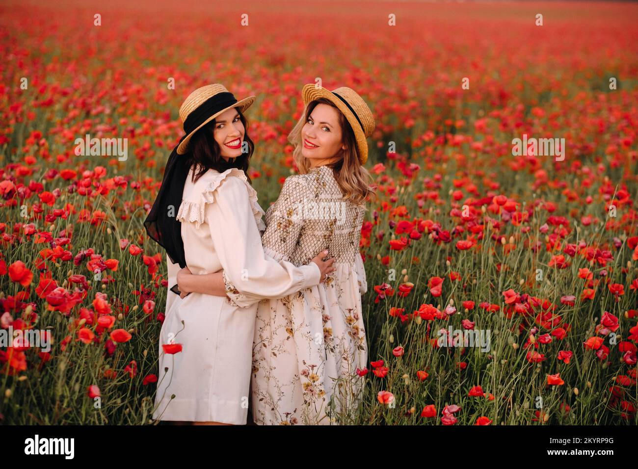 Two girlfriends in dresses and a hat in a poppy field in summer at ...
