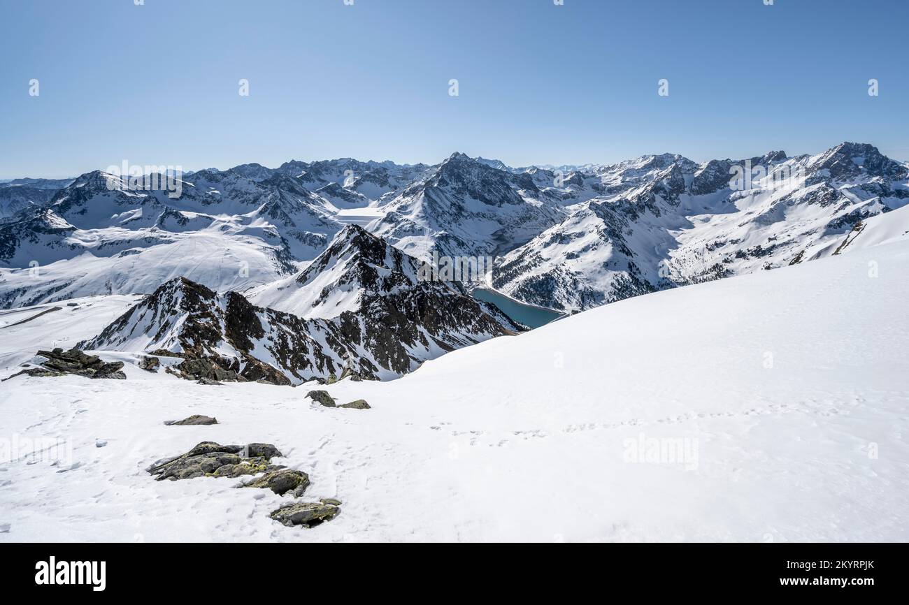 Alpine panorama, view of Stubai Alps with Längental reservoir, mountains in winter, Sellraintal, Kühtai, Tyrol, Austria, Europe Stock Photo