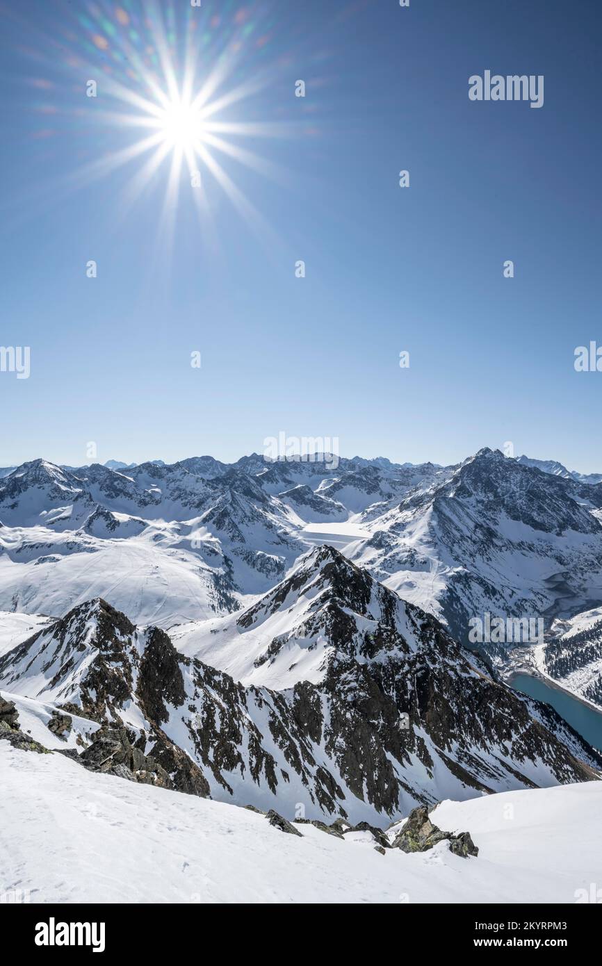 View of Stubai Alps with Längental reservoir, mountains in winter, Sellraintal, Kühtai, Tyrol, Austria, Europe Stock Photo