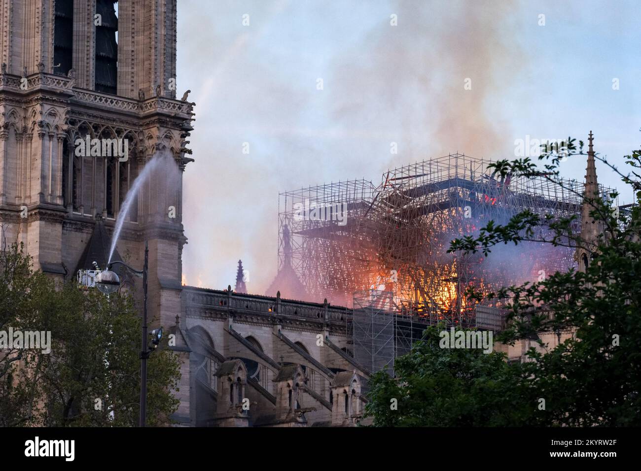 Flames Rise and Devastates Notre-Dame Cathedral In Paris - PARIS, FRANCE - APRIL 15, 2019 Stock Photo