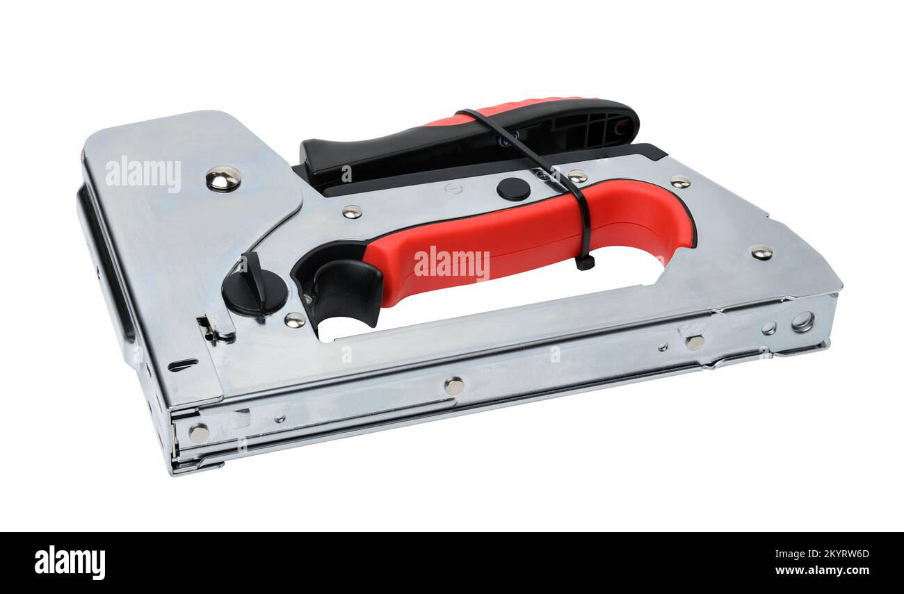Household manual stapler and staples on a white background Stock Photo