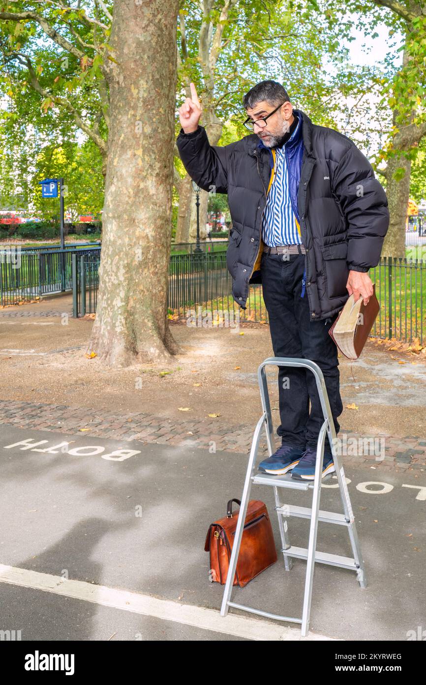Speaker speaks from a stepladder in Speakers' Corner at Hyde Park