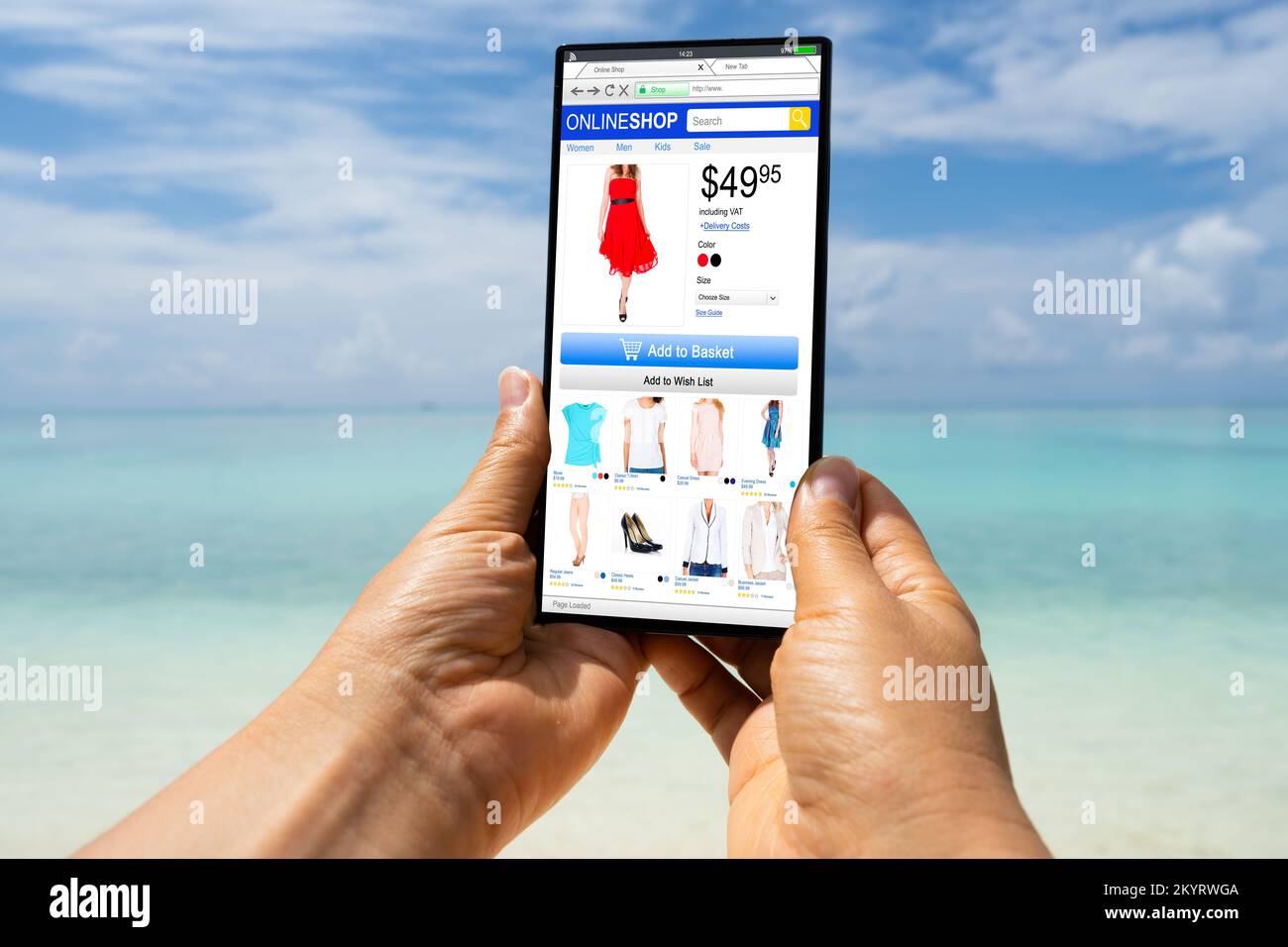 Woman shopping for clothes in web shop at beach stock photo alamy