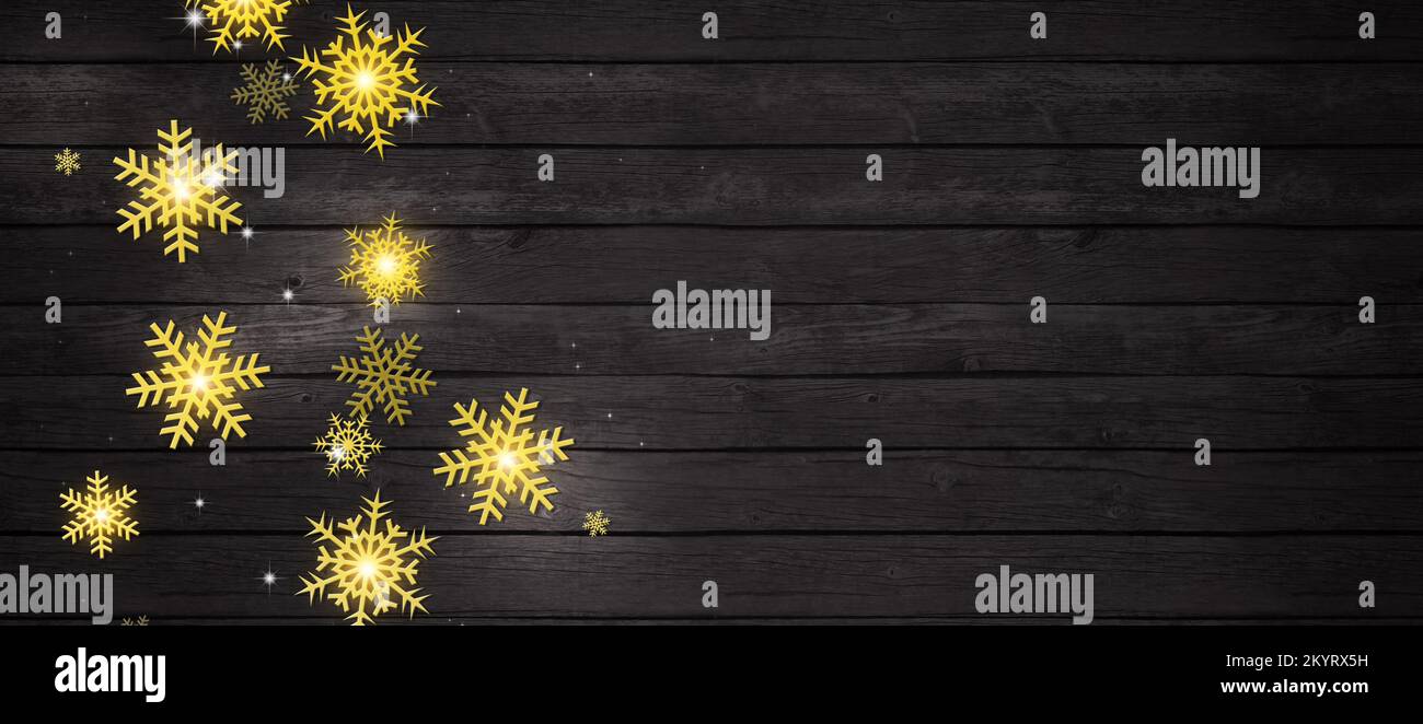 holiday bright snowflakes lights illumination decor. christmas and new year wood texture banner Stock Photo