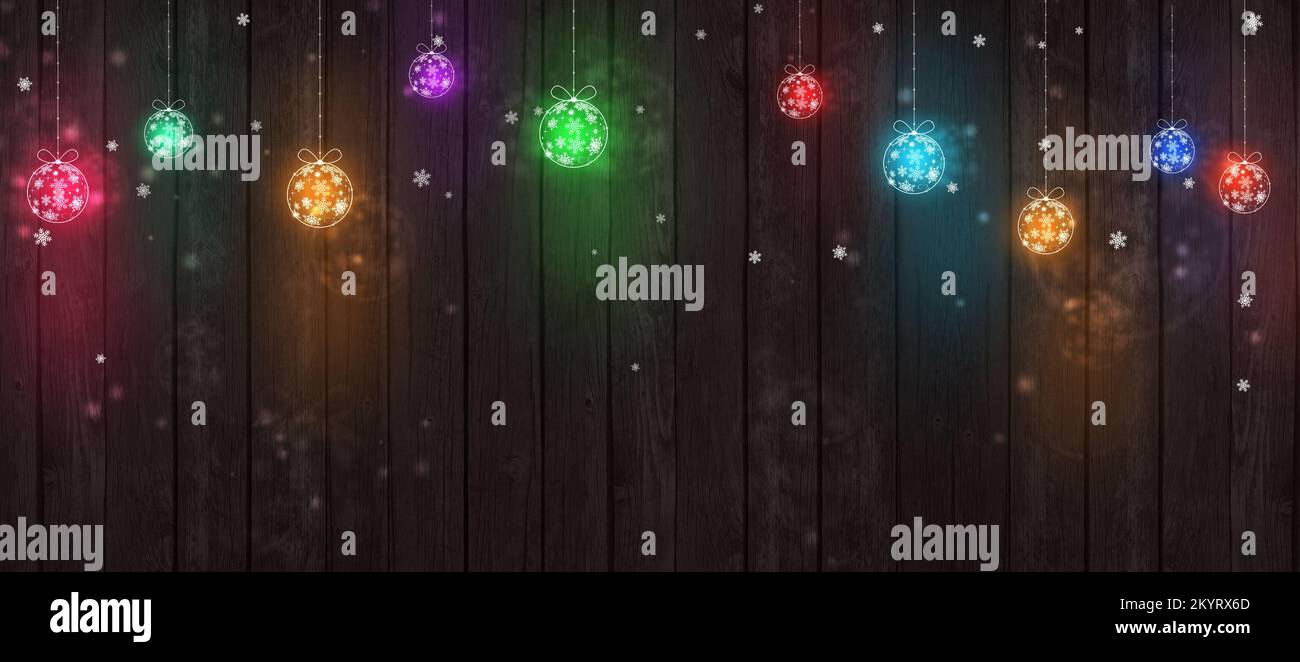 winter christmas multicolor balls decor illuminated wood banner Stock Photo