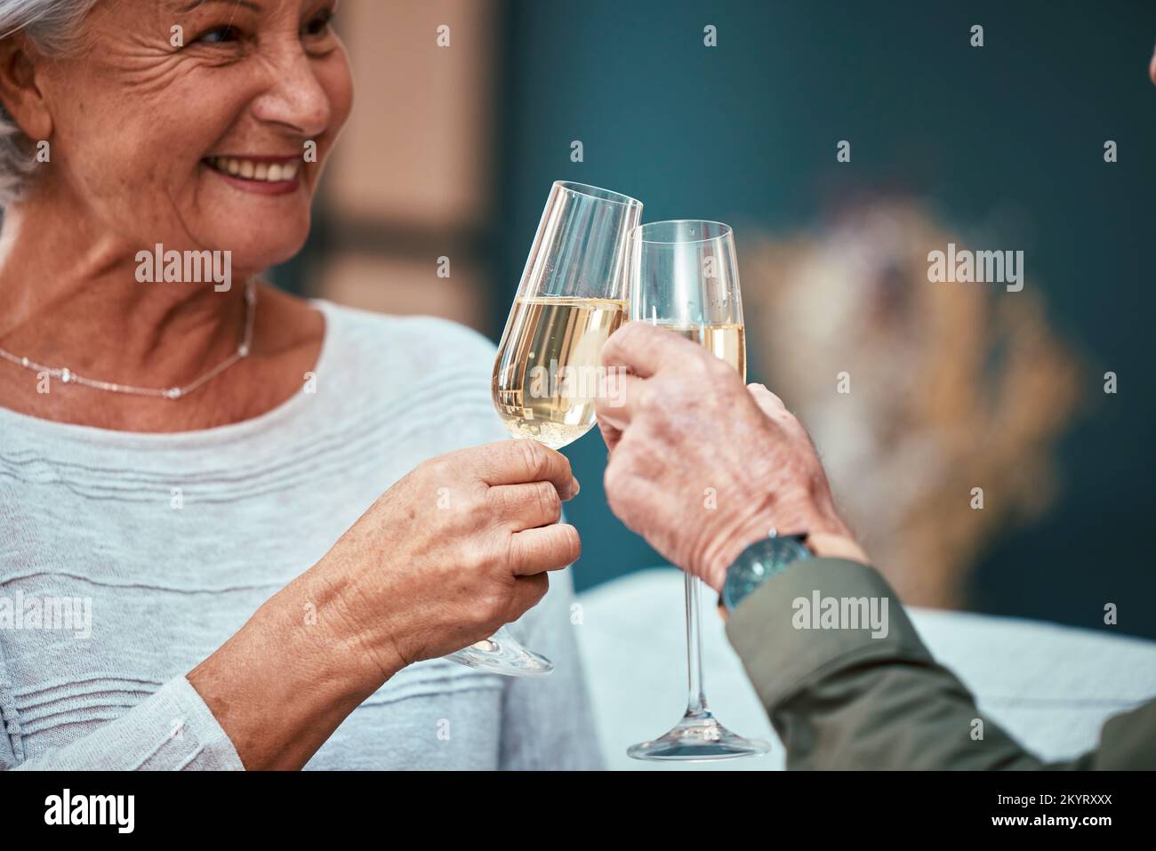 Senior couple, champagne and toast at restaurant, having fun and bonding. Love, cheers and retired man and woman with glass of wine for celebration Stock Photo