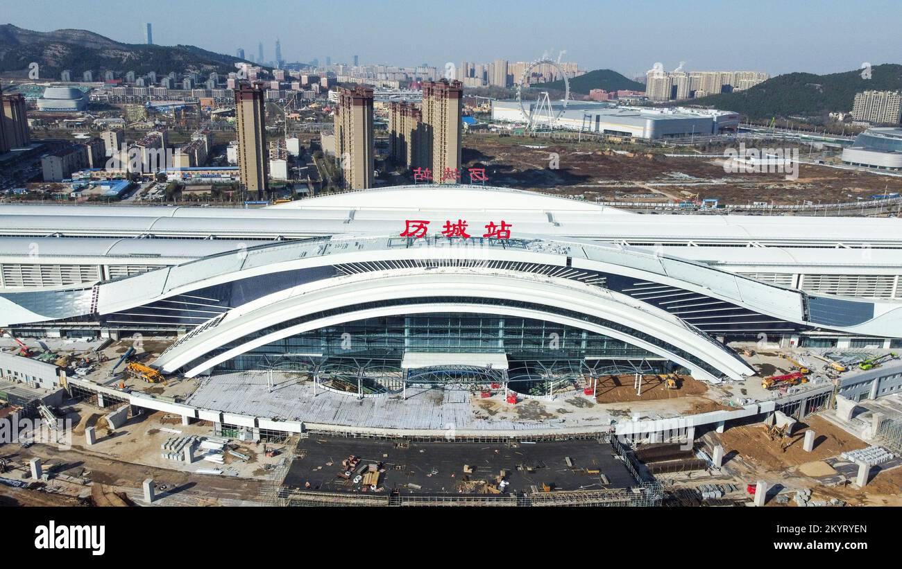 Aerial photo shows the Licheng railway station under construction of
